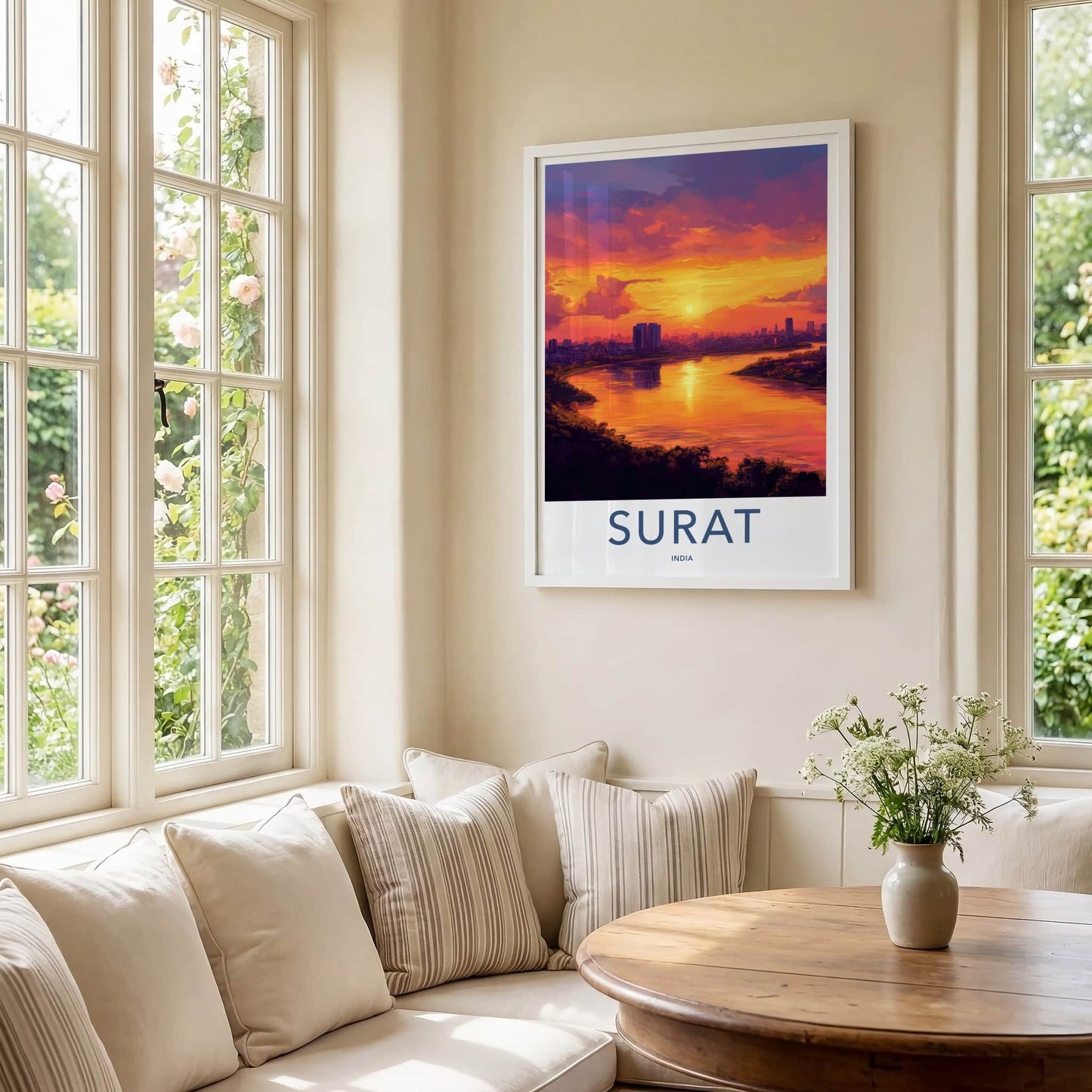 Surat Poster - India Travel Art - Gujarat Vibrant River Sunset Home Decor