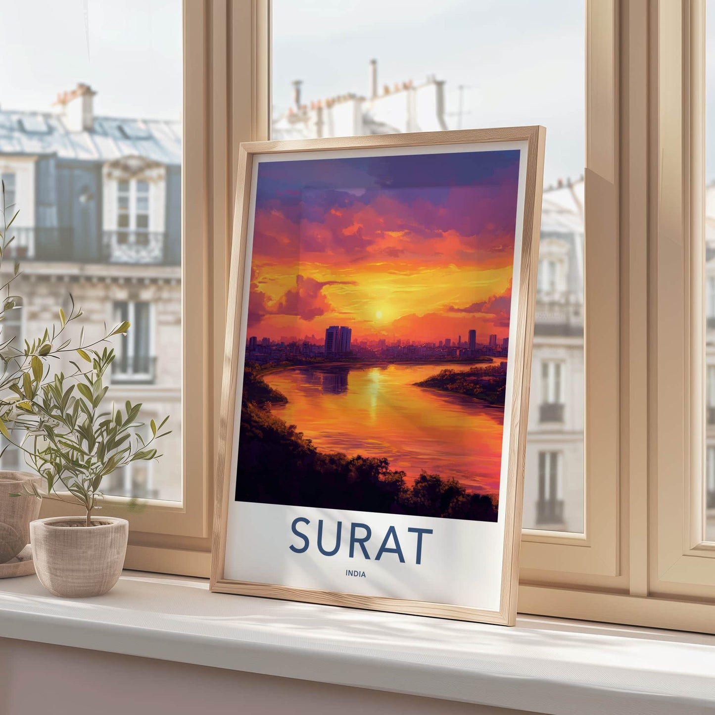 Surat Poster - India Travel Art - Gujarat Vibrant River Sunset Home Decor