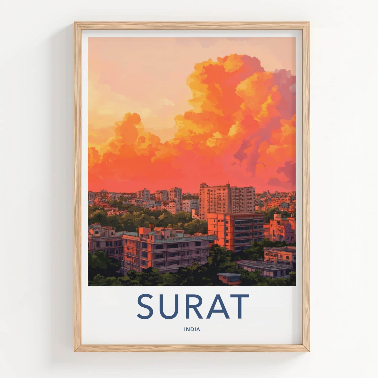 Surat Poster - India Travel Art - Gujarat Vibrant Sunset Skyline Home Decor