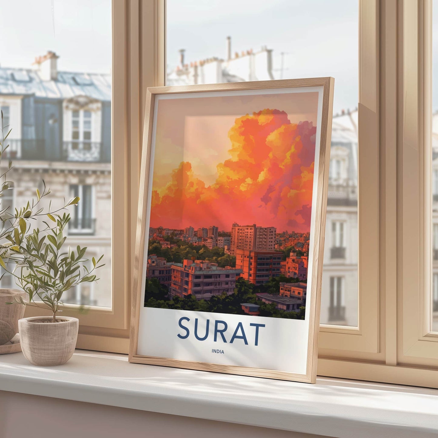 Surat Poster - India Travel Art - Gujarat Vibrant Sunset Skyline Home Decor