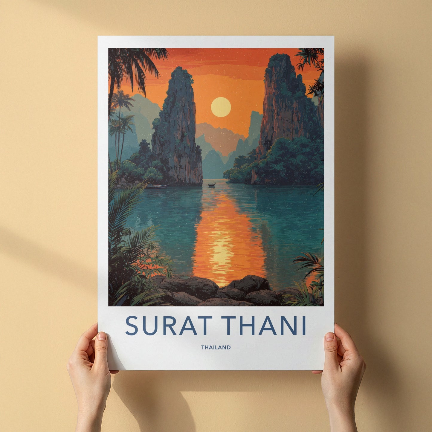 Surat Thani Poster - Thailand Travel Art - Sunset River Boat Home Decor
