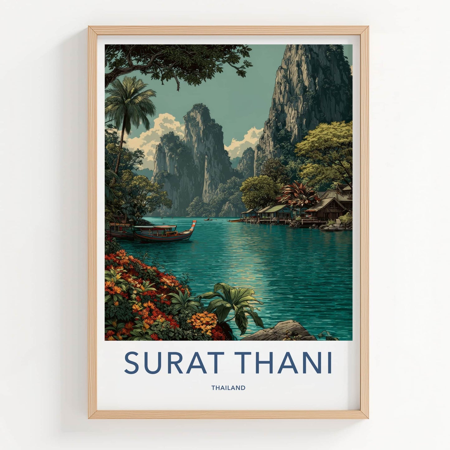SURAT THANI Poster - Thailand Travel Print - Boats River Huts Lounge Decor