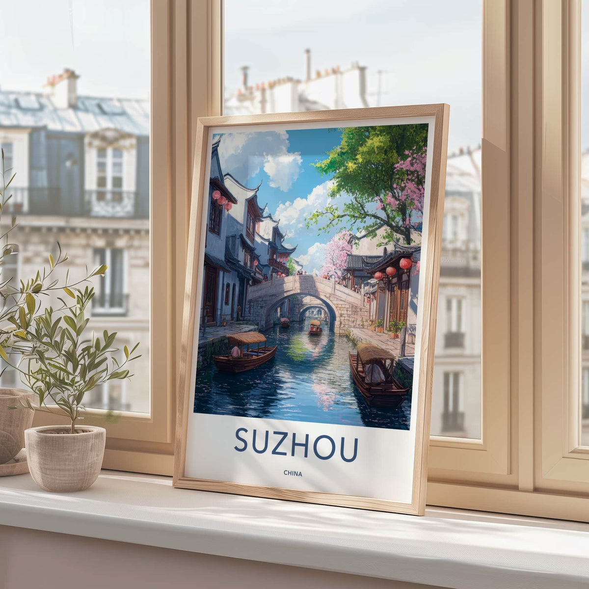 Suzhou Poster - China Travel Print - Canal Bridge Boats Home Decor