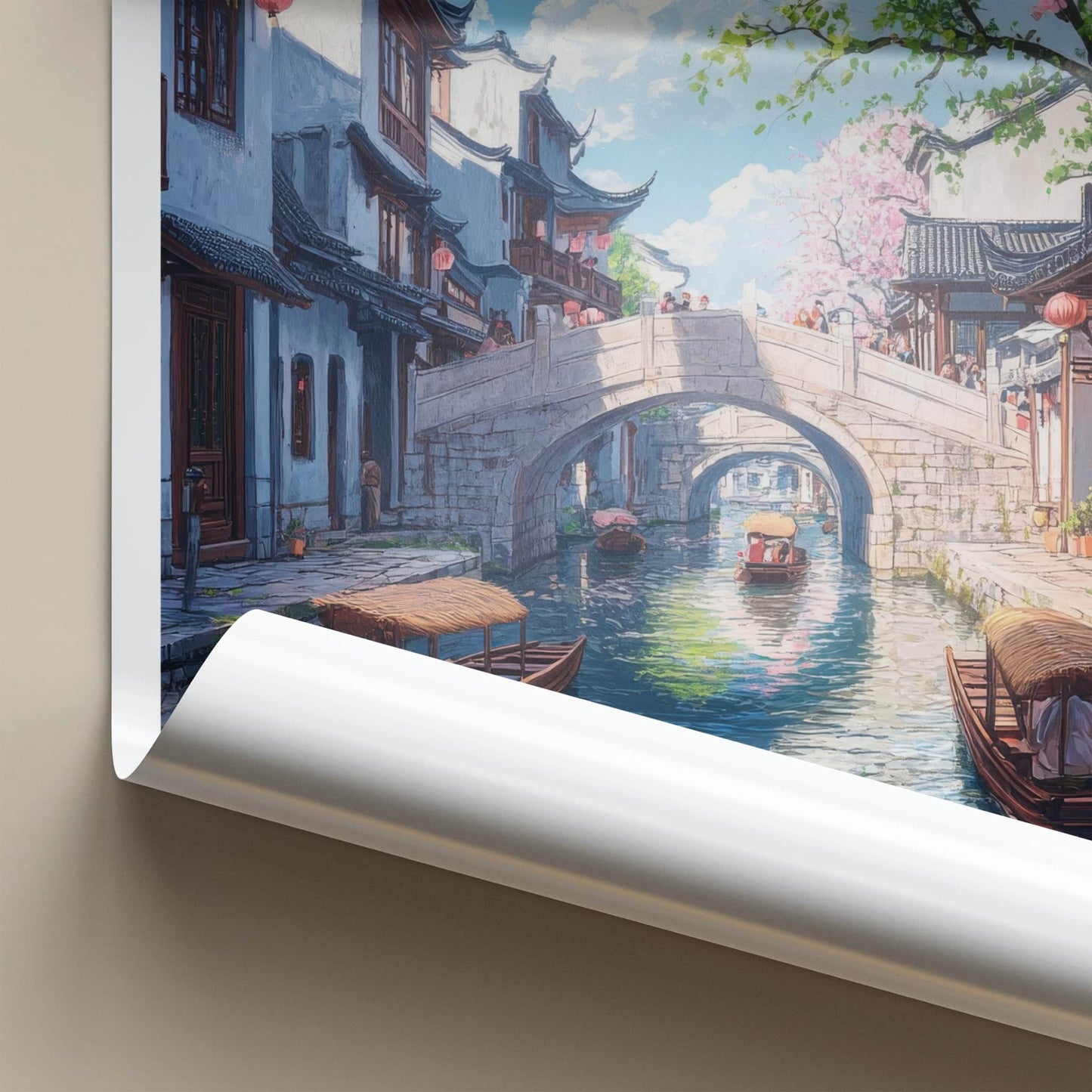 Suzhou Poster - China Travel Print - Canal Bridge Boats Home Decor