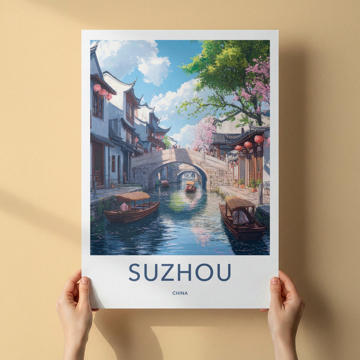Suzhou Poster - China Travel Print - Canal Bridge Boats Home Decor