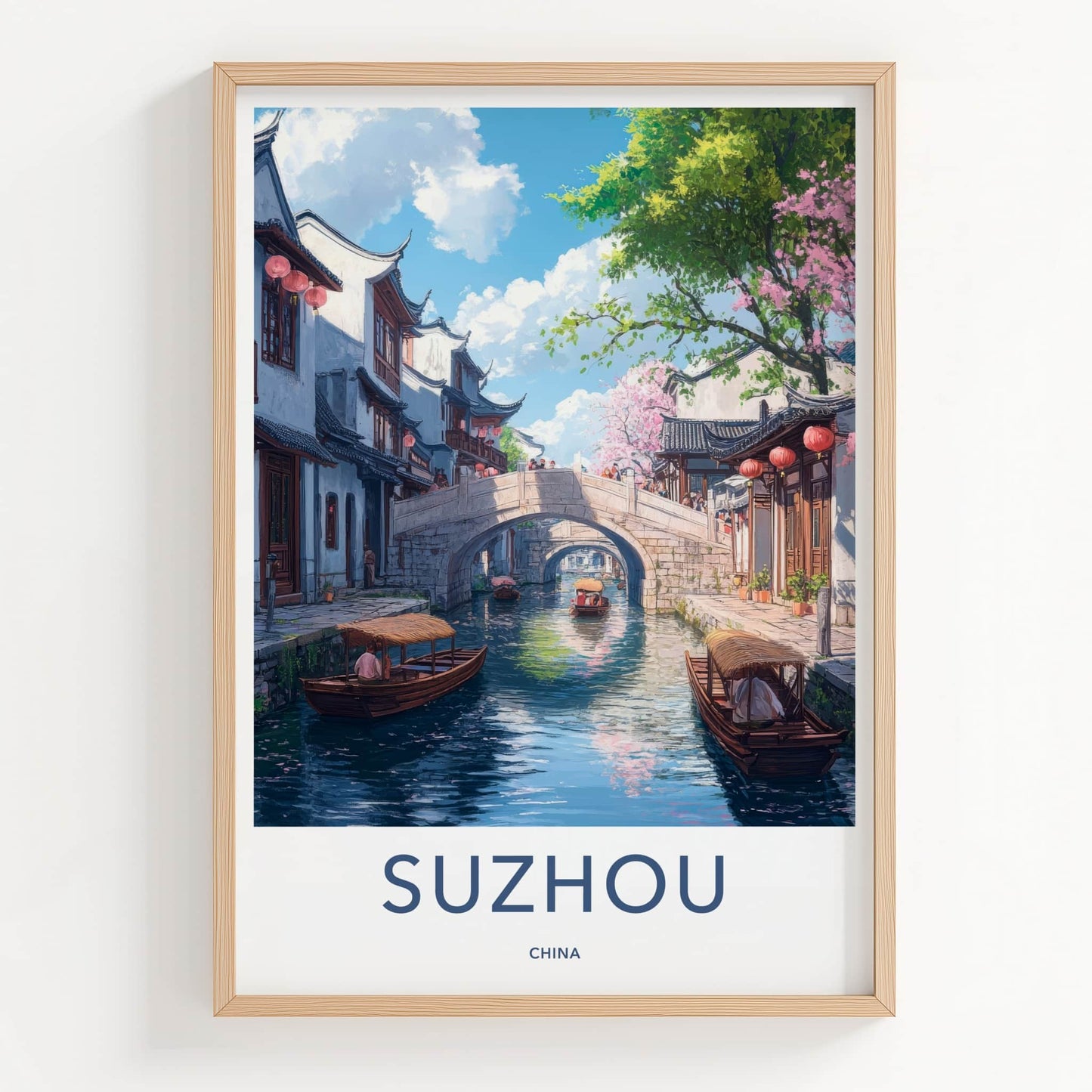 Suzhou Poster - China Travel Print - Canal Bridge Boats Home Decor