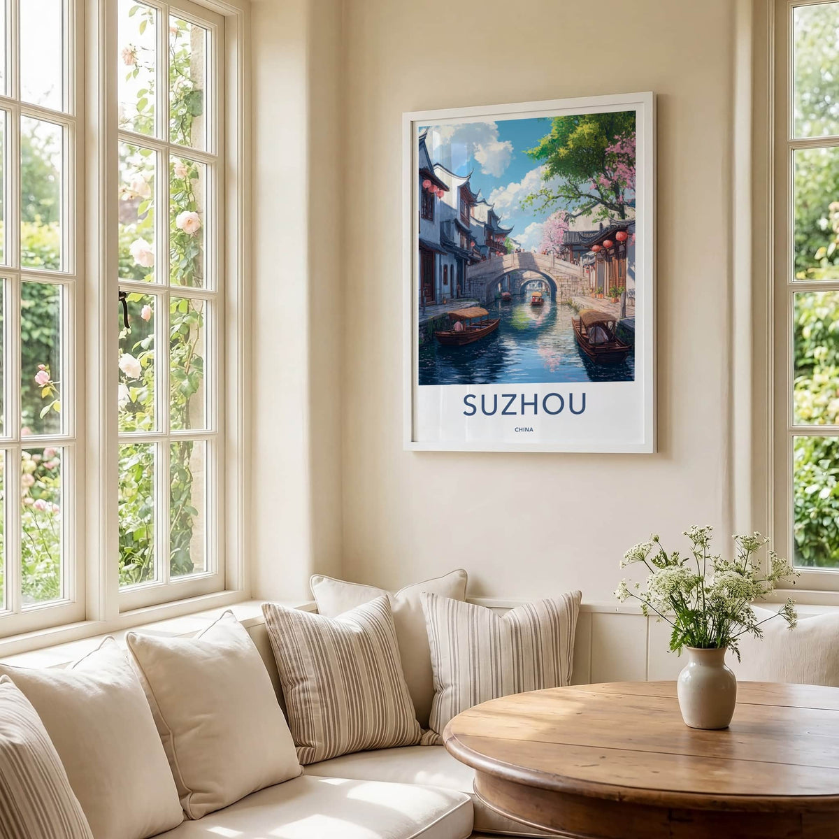 Suzhou Poster - China Travel Print - Canal Bridge Boats Home Decor