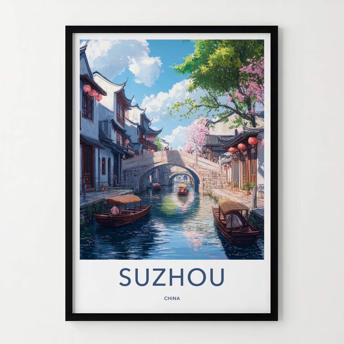 Suzhou Poster - China Travel Print - Canal Bridge Boats Home Decor