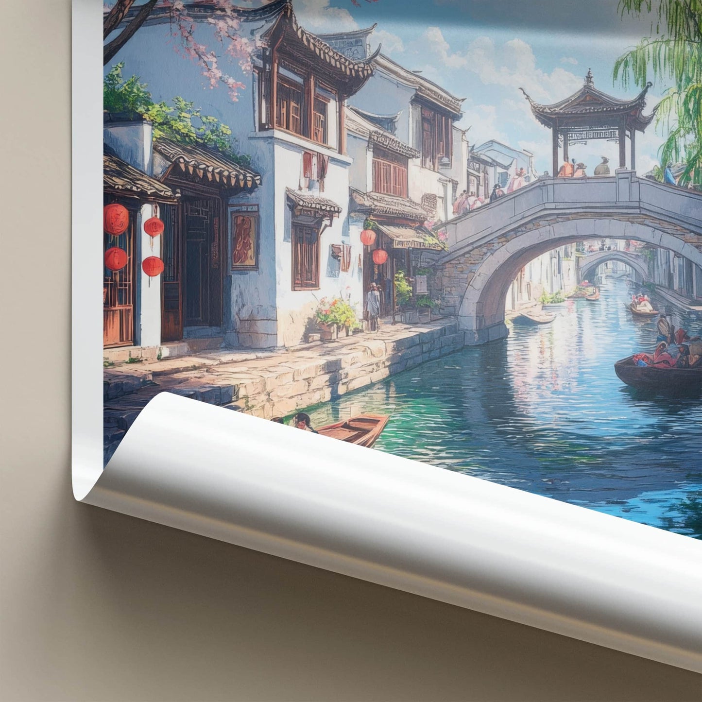 Suzhou Poster - China Travel Print - Cherry Blossom Canal Home Decor