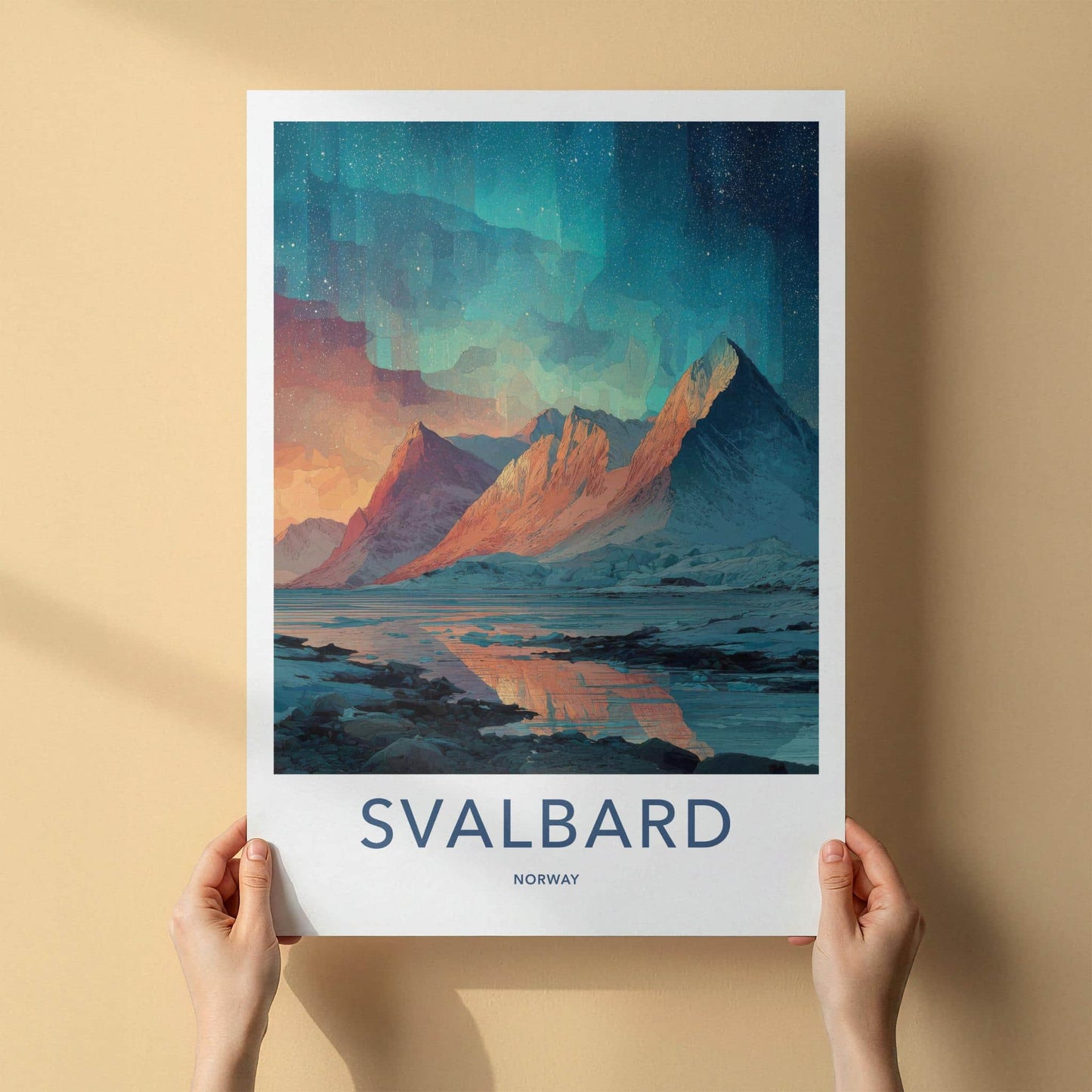 Svalbard Poster - Norway Travel Art - Northern Lights Mountains Home Decor