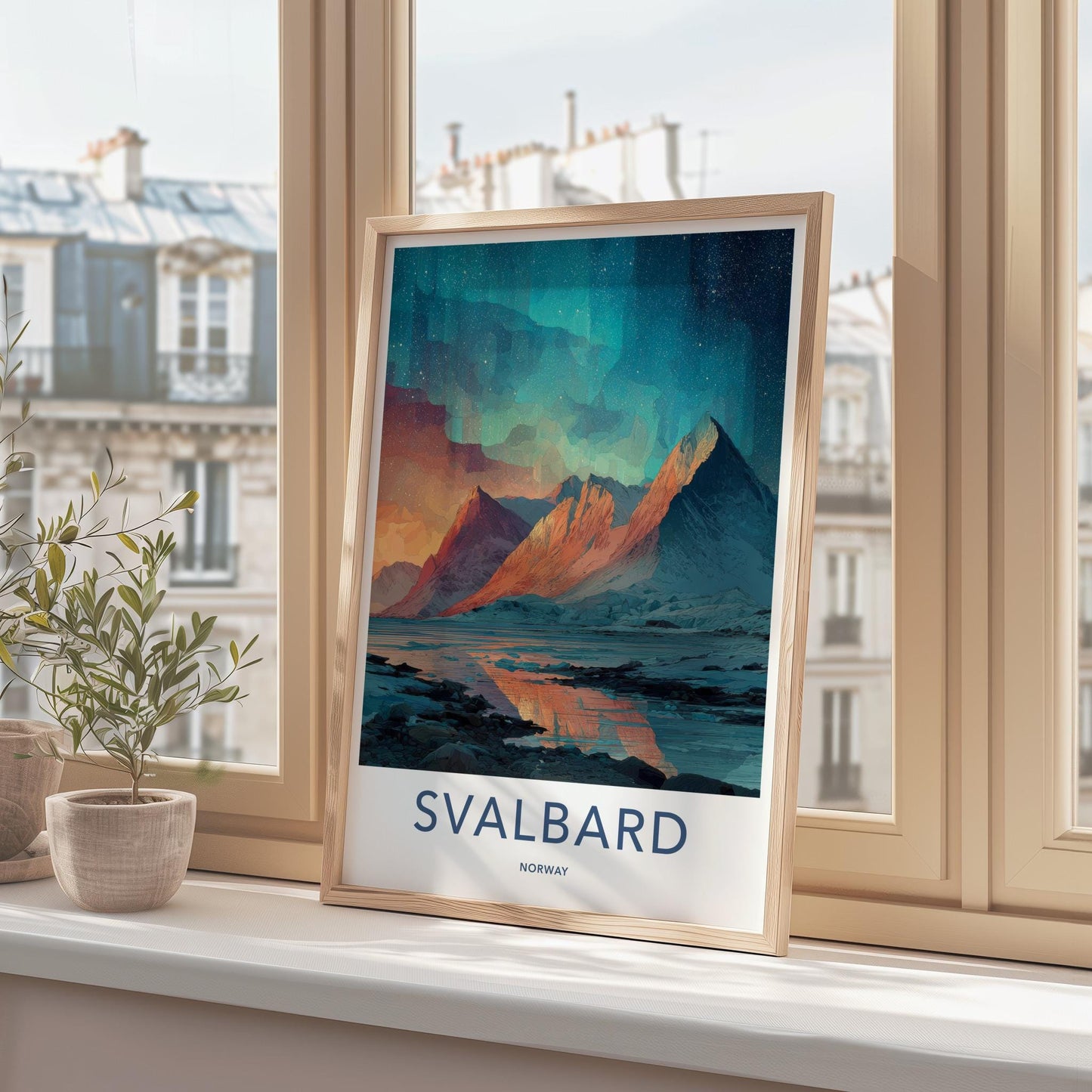 Svalbard Poster - Norway Travel Art - Northern Lights Mountains Home Decor