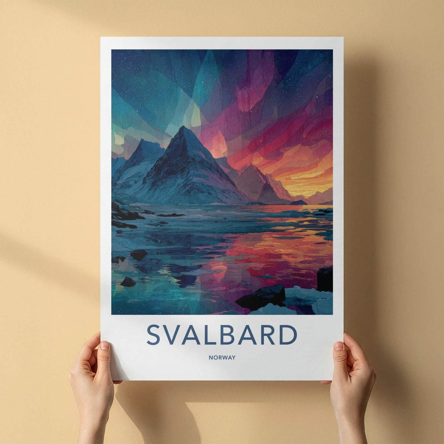 Svalbard Poster - Norway Travel Art - Vibrant Aurora Mountains Home Decor