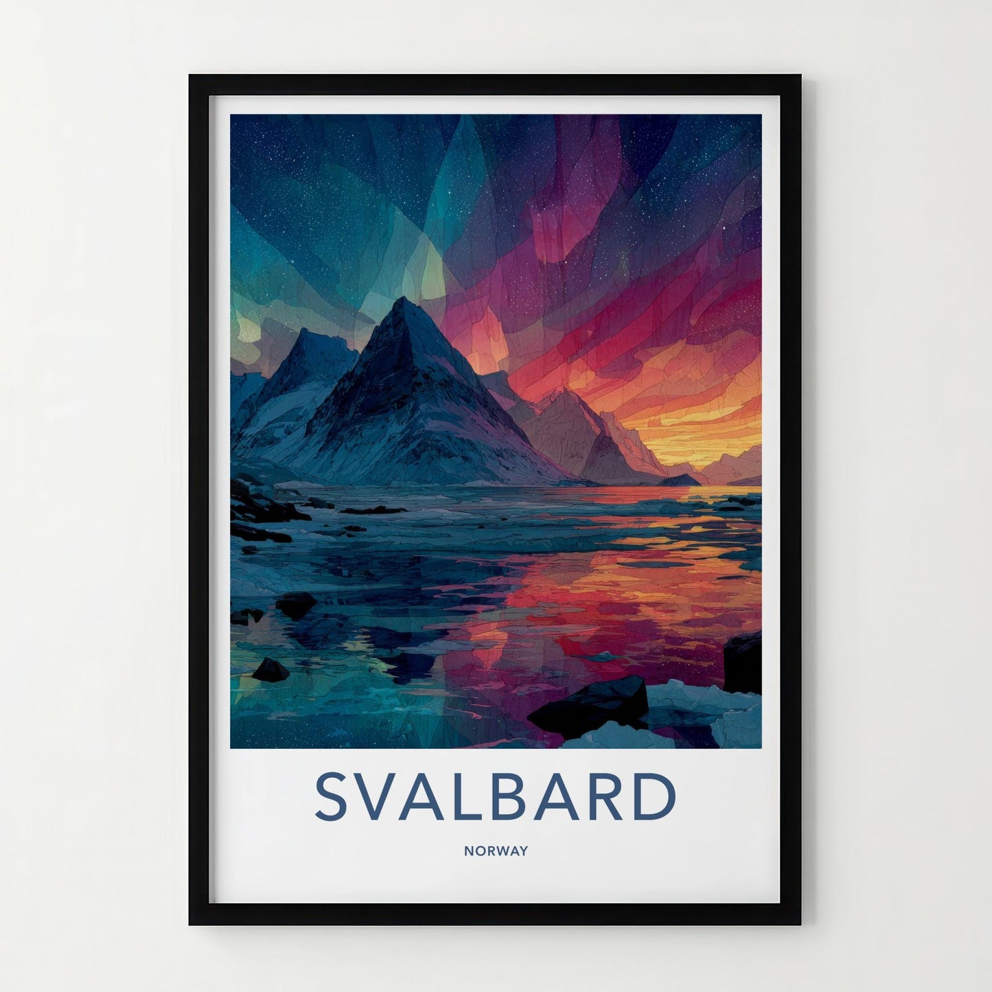 Svalbard Poster - Norway Travel Art - Vibrant Aurora Mountains Home Decor