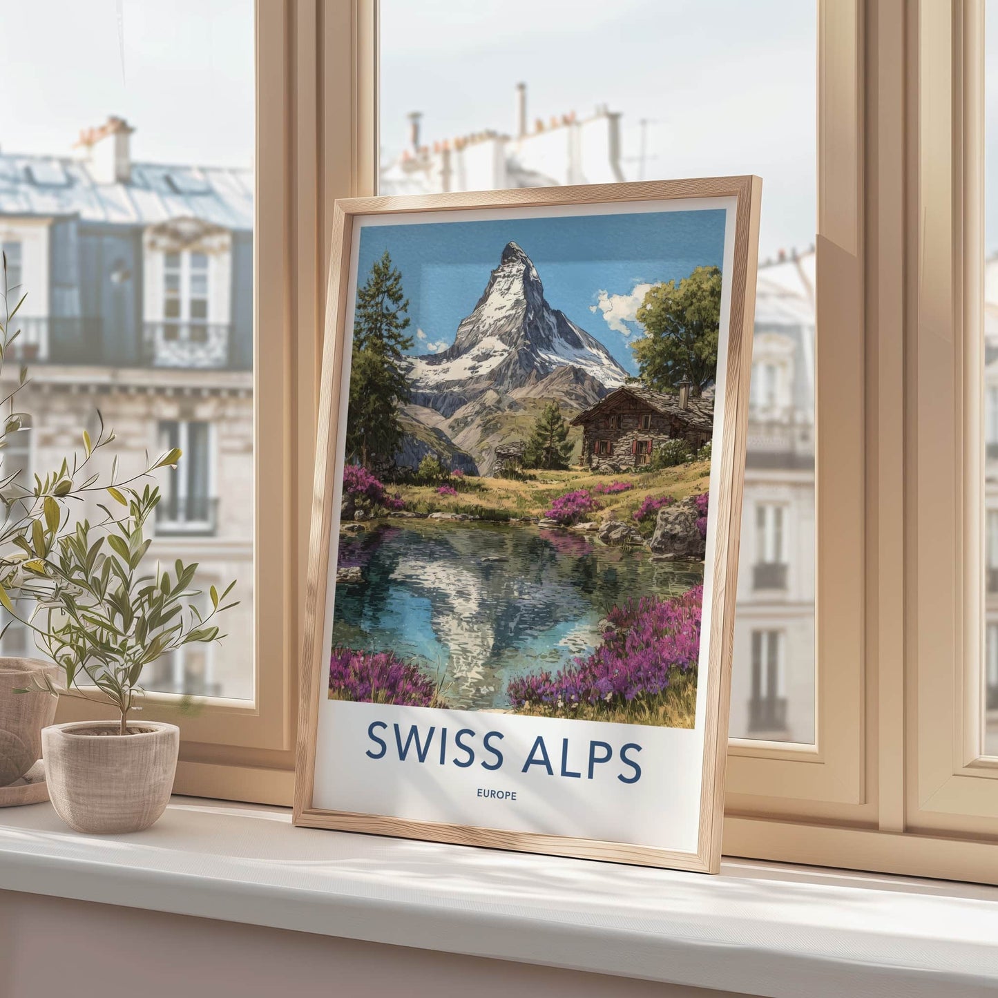 Swiss Alps Poster - Switzerland Travel Art - Mountain Reflection Home Decor