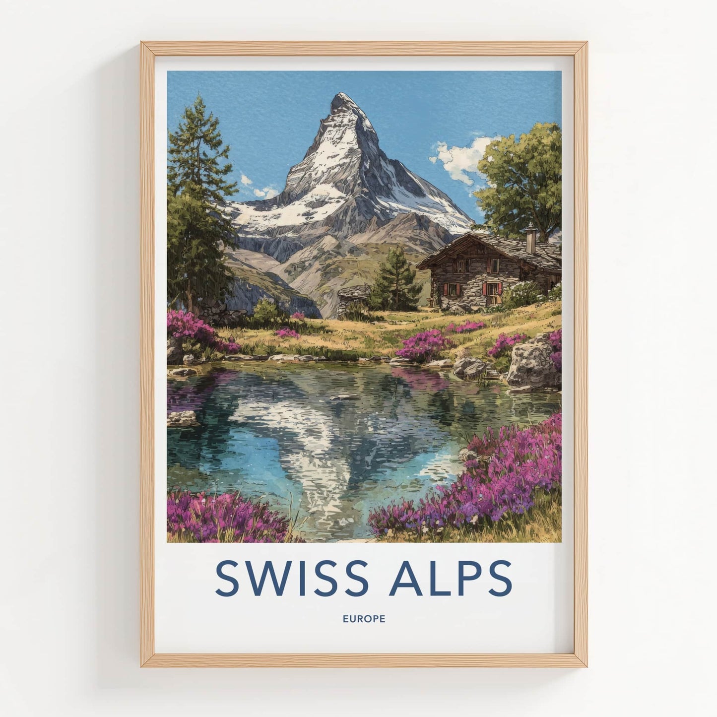 Swiss Alps Poster - Switzerland Travel Art - Mountain Reflection Home Decor