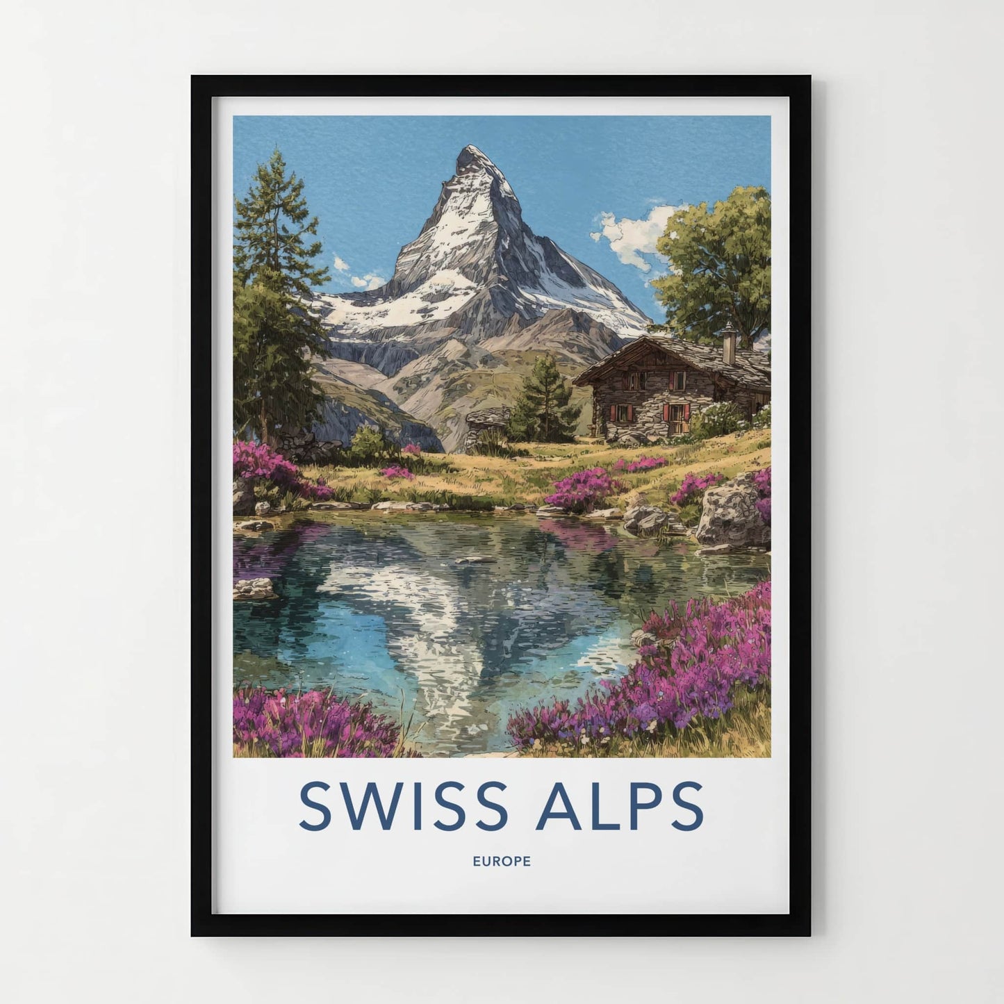 Swiss Alps Poster - Switzerland Travel Art - Mountain Reflection Home Decor