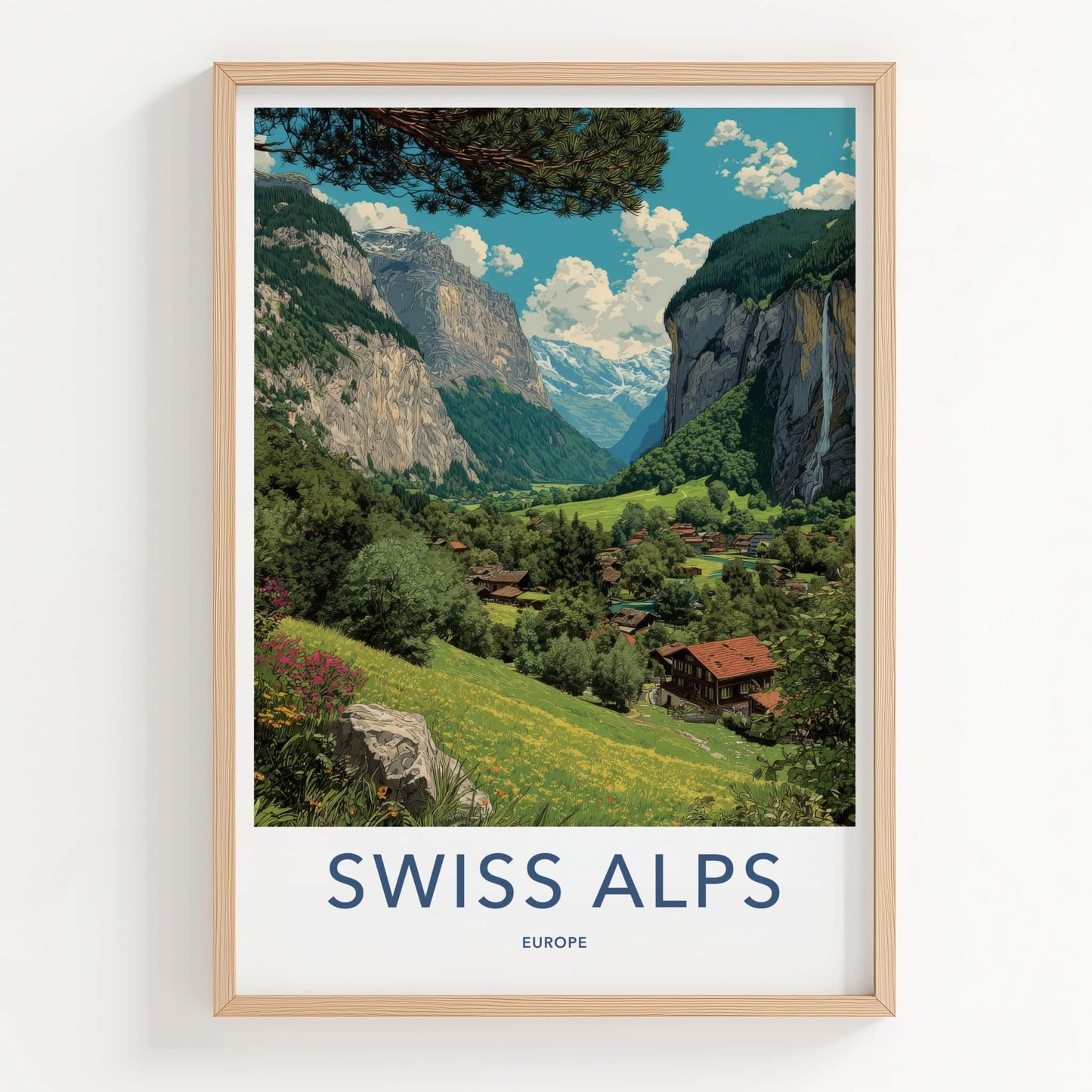 Swiss Alps Poster - Switzerland Travel Art - Mountain Valley Village Home Decor