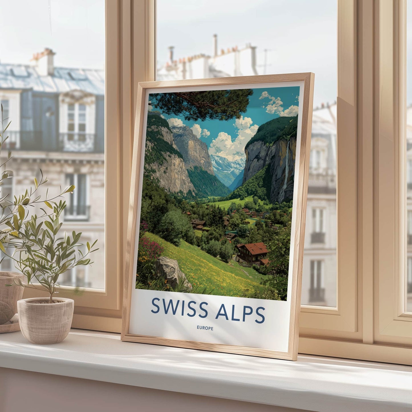 Swiss Alps Poster - Switzerland Travel Art - Mountain Valley Village Home Decor