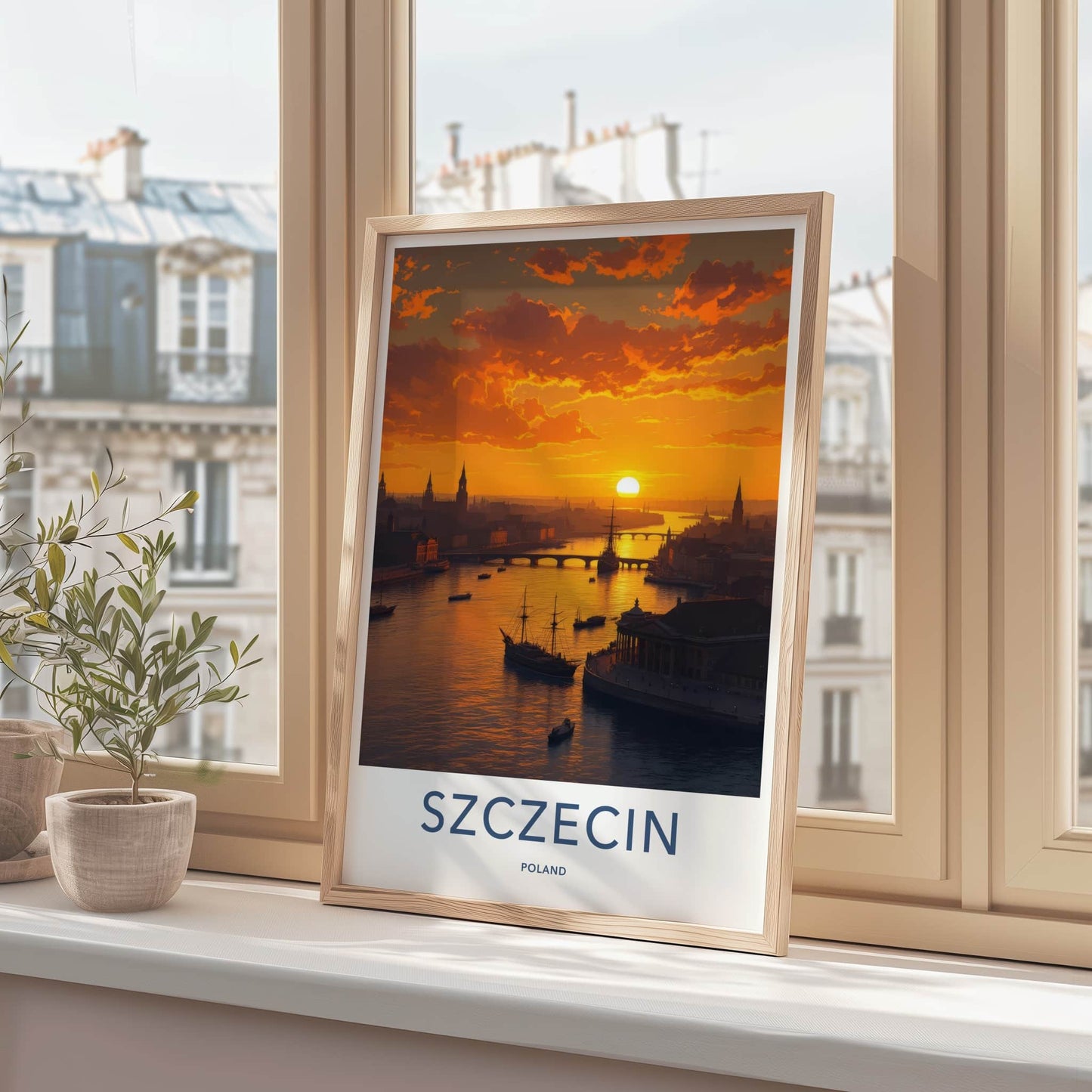 Szczecin Poster - Poland Travel Art - Cityscape River Sunset Wall Decor