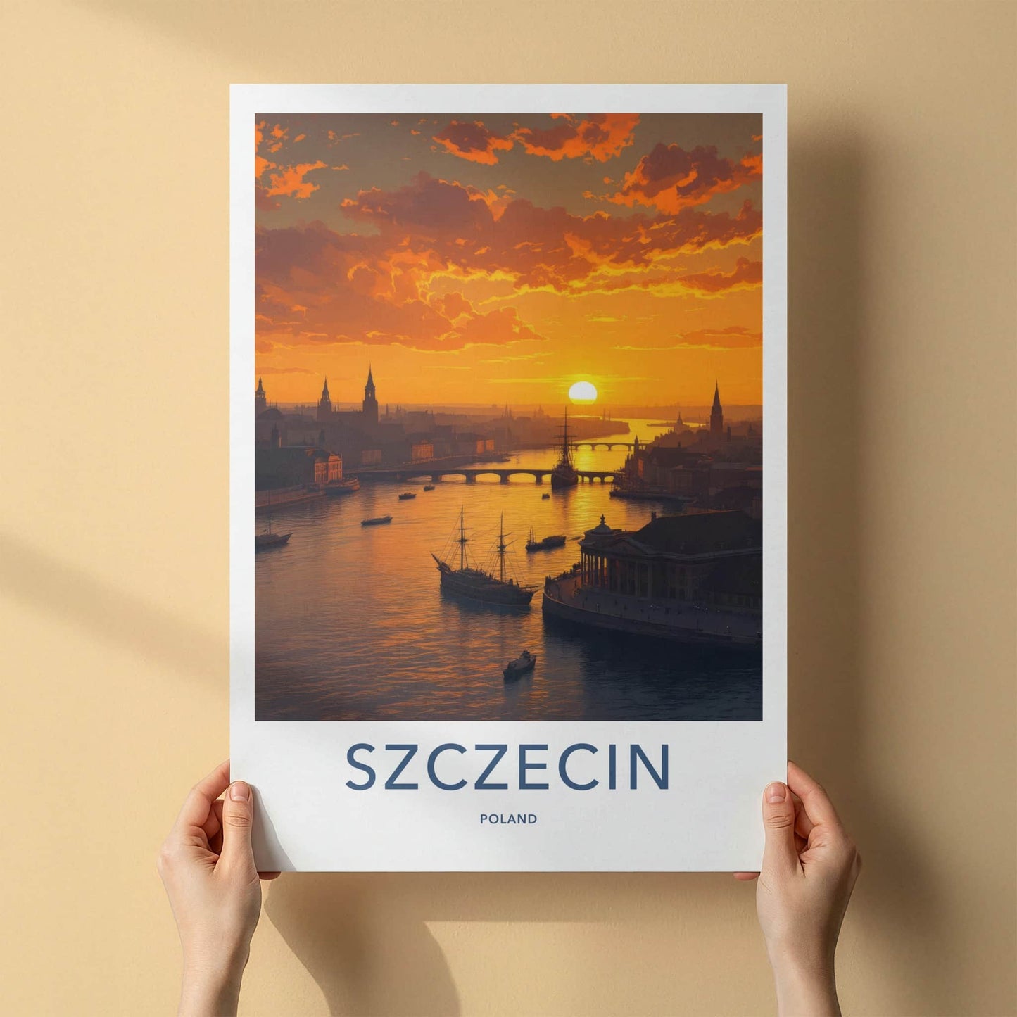 Szczecin Poster - Poland Travel Art - Cityscape River Sunset Wall Decor