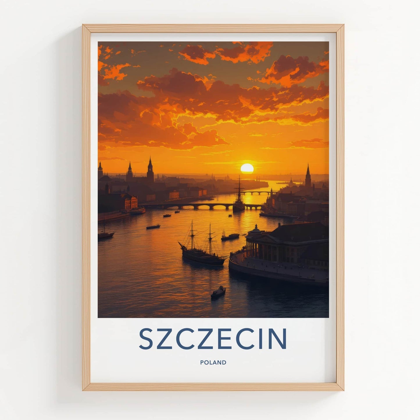 Szczecin Poster - Poland Travel Art - Cityscape River Sunset Wall Decor