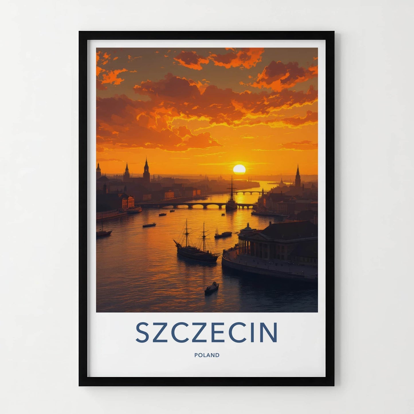 Szczecin Poster - Poland Travel Art - Cityscape River Sunset Wall Decor