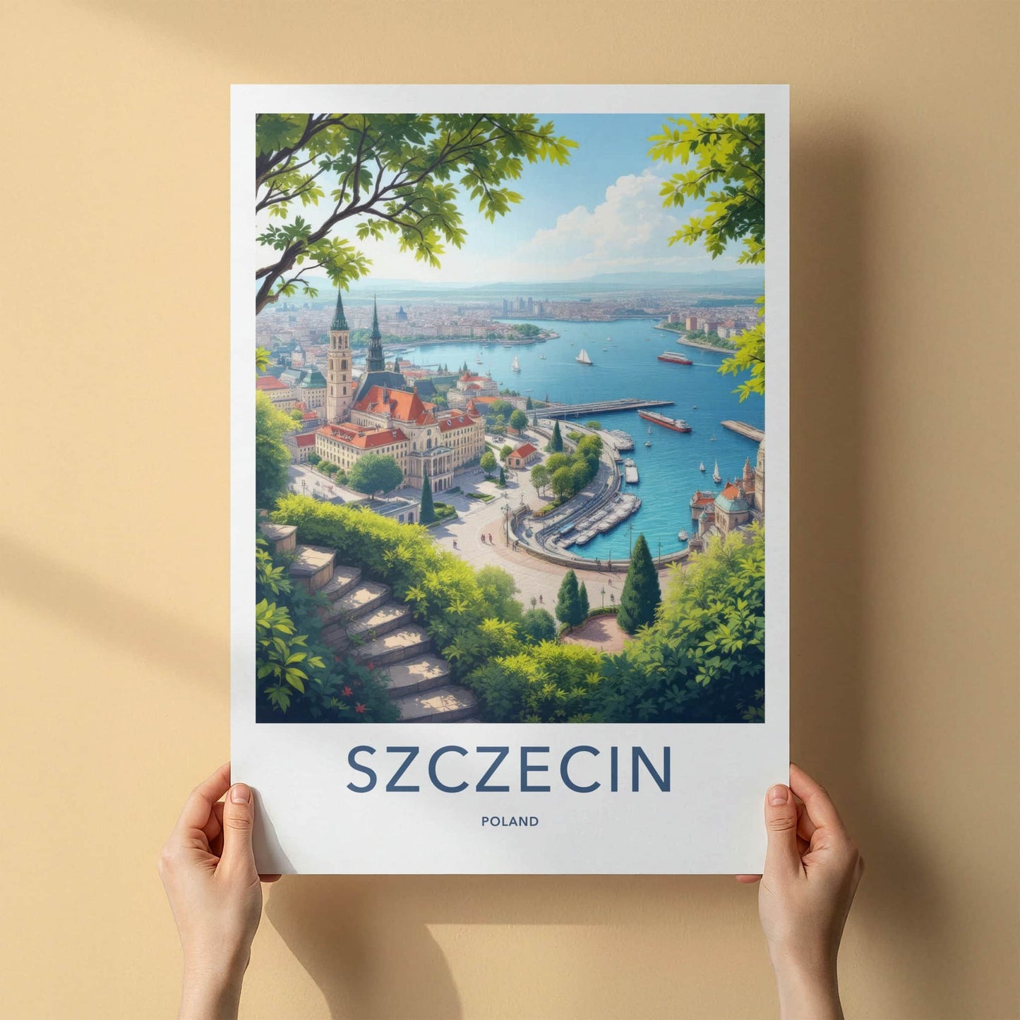 Szczecin Poster - Poland Travel Art - Historic Riverfront Panorama Home Decor