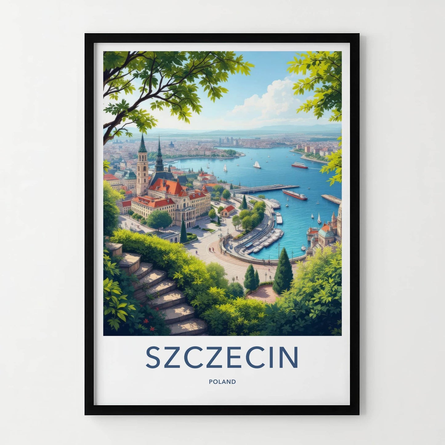 Szczecin Poster - Poland Travel Art - Historic Riverfront Panorama Home Decor