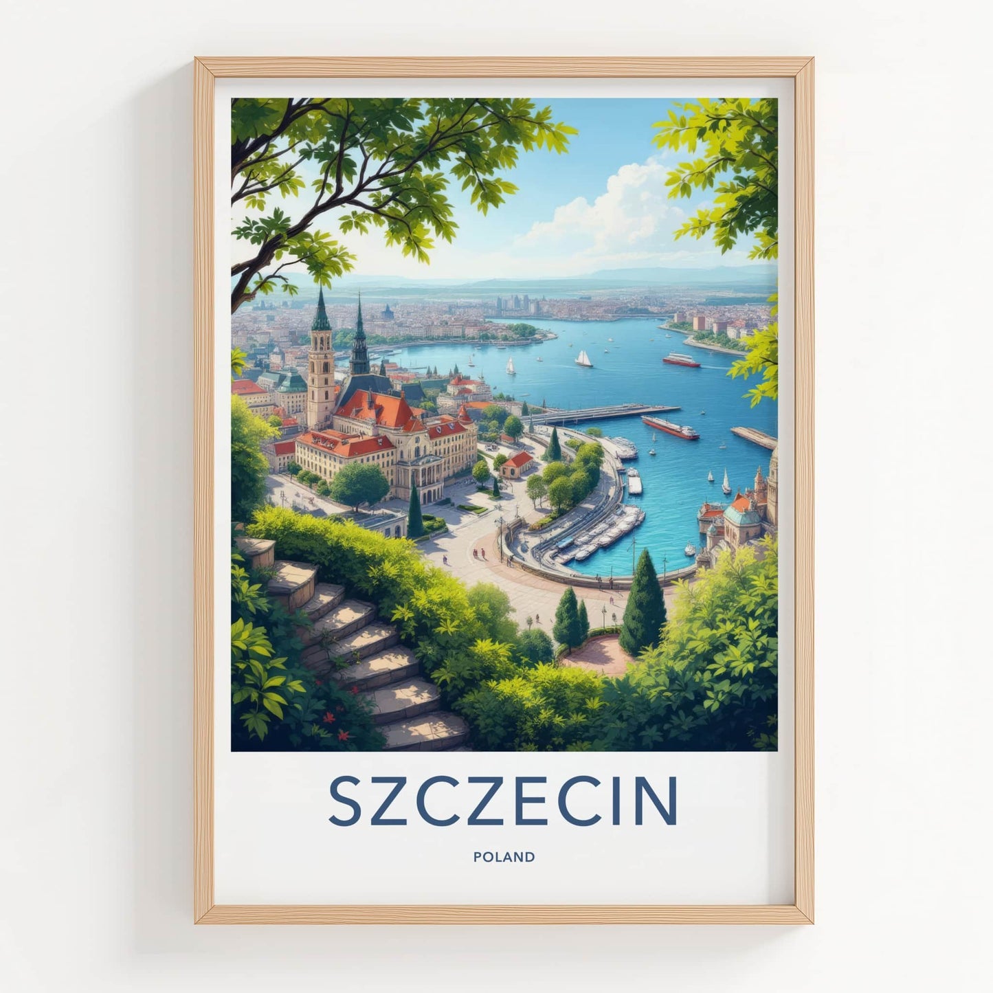 Szczecin Poster - Poland Travel Art - Historic Riverfront Panorama Home Decor