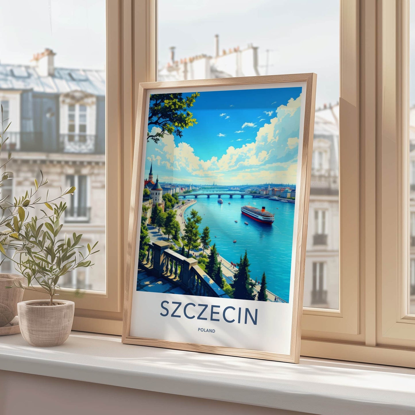 Szczecin Poster - Poland Travel Art - Historic Waterfront Panorama Wall Decor