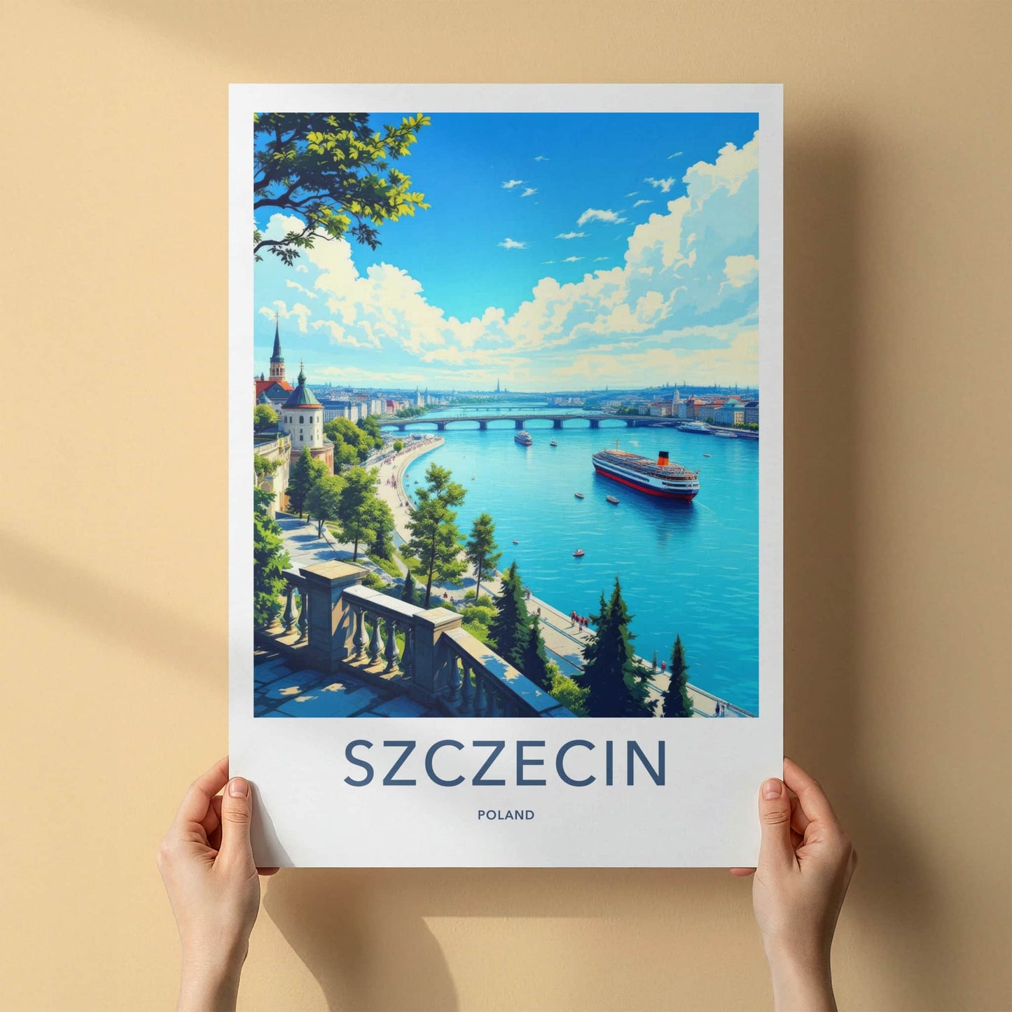 Szczecin Poster - Poland Travel Art - Historic Waterfront Panorama Wall Decor