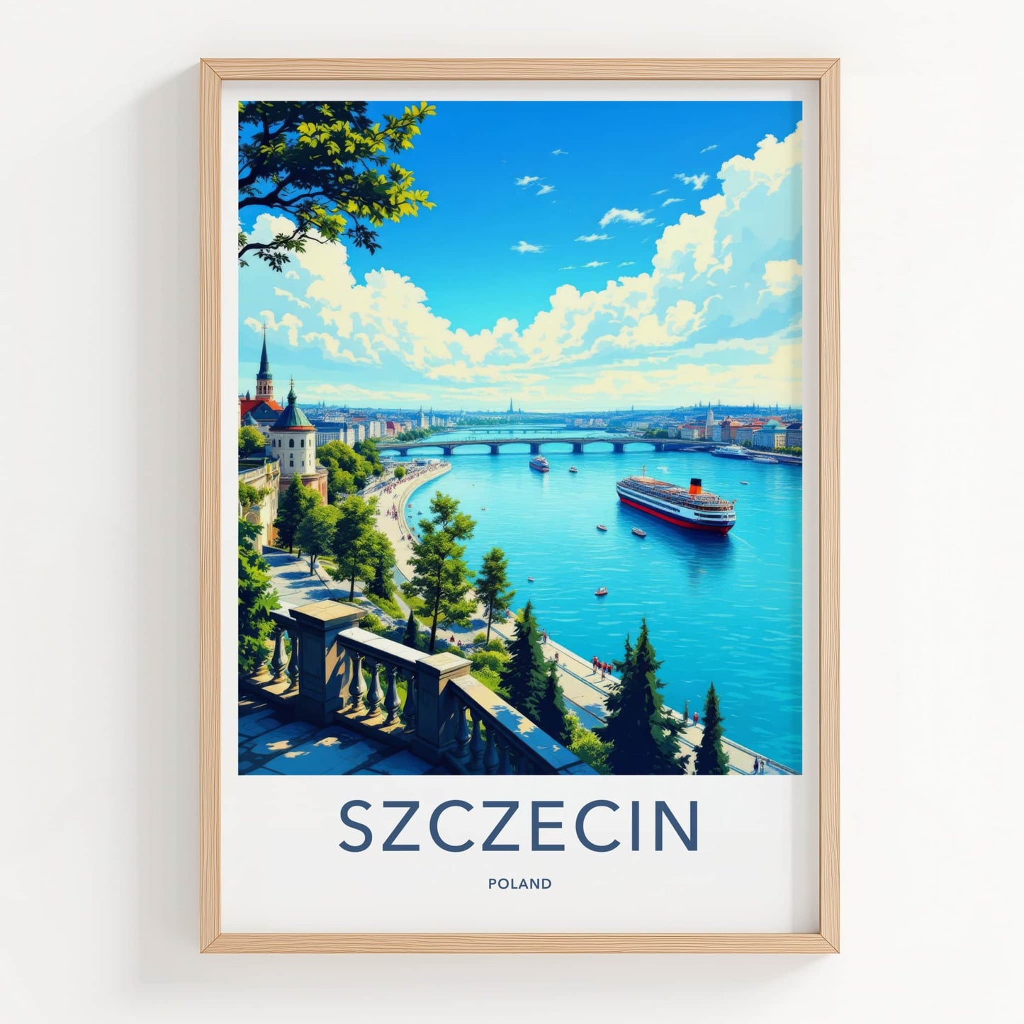Szczecin Poster - Poland Travel Art - Historic Waterfront Panorama Wall Decor