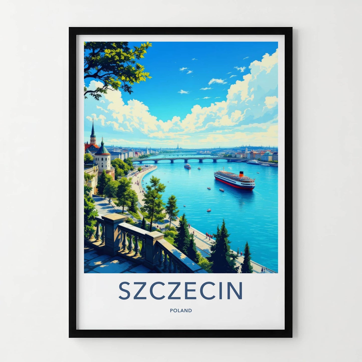 Szczecin Poster - Poland Travel Art - Historic Waterfront Panorama Wall Decor
