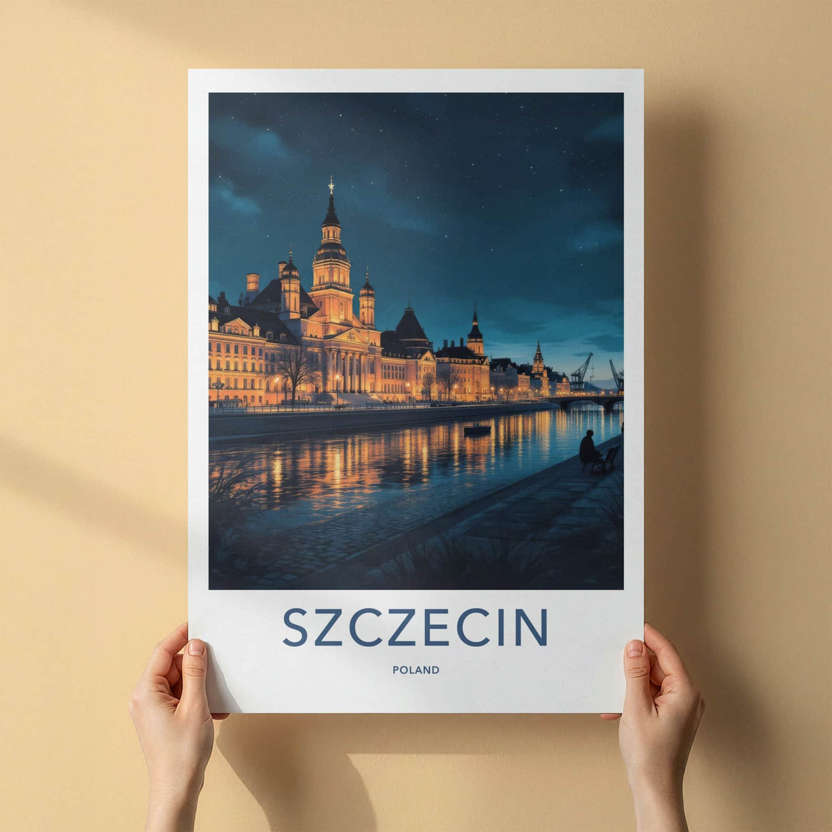 Szczecin Poster - Poland Travel Art - Illuminated City Waterfront Home Decor