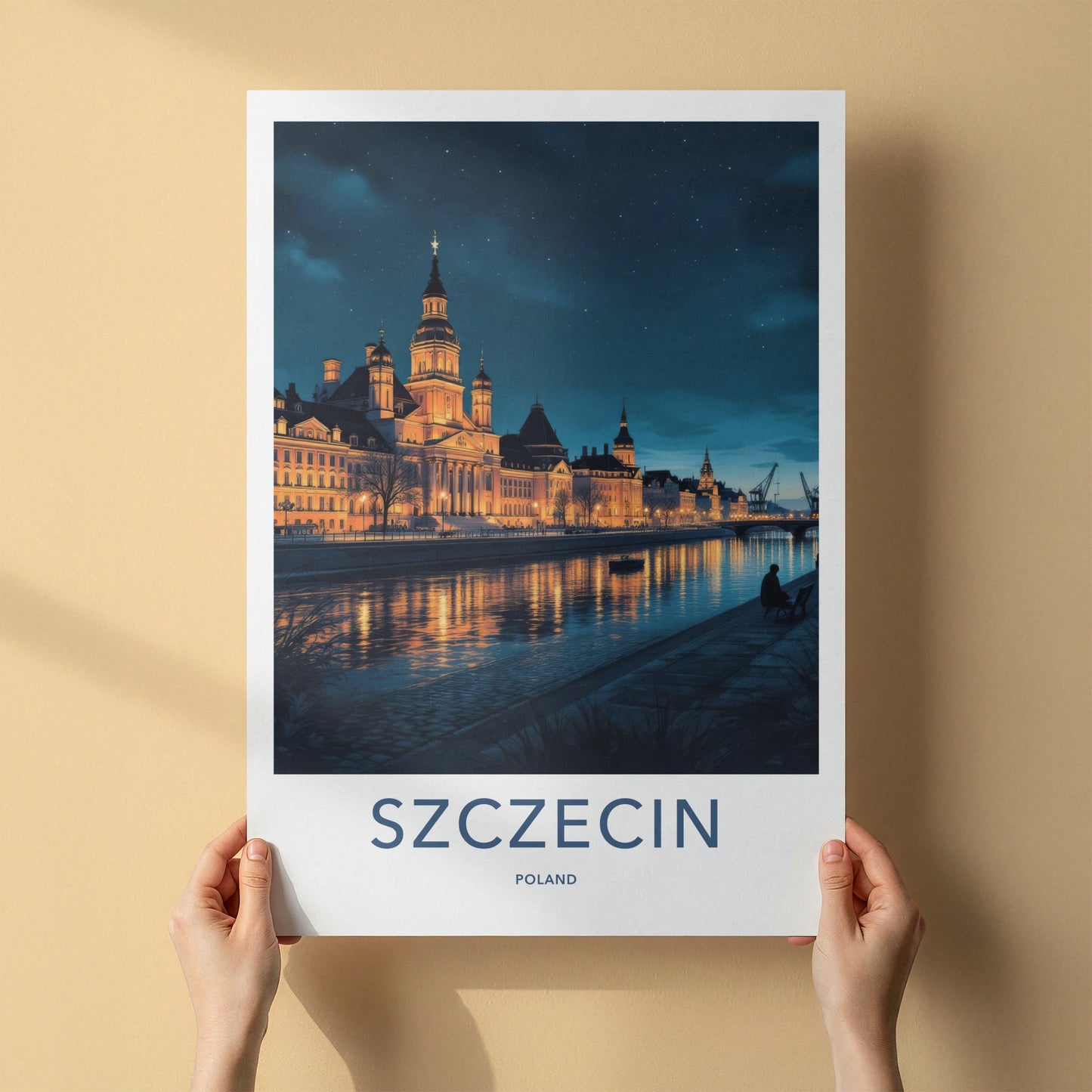 Szczecin Poster - Poland Travel Art - Illuminated City Waterfront Home Decor
