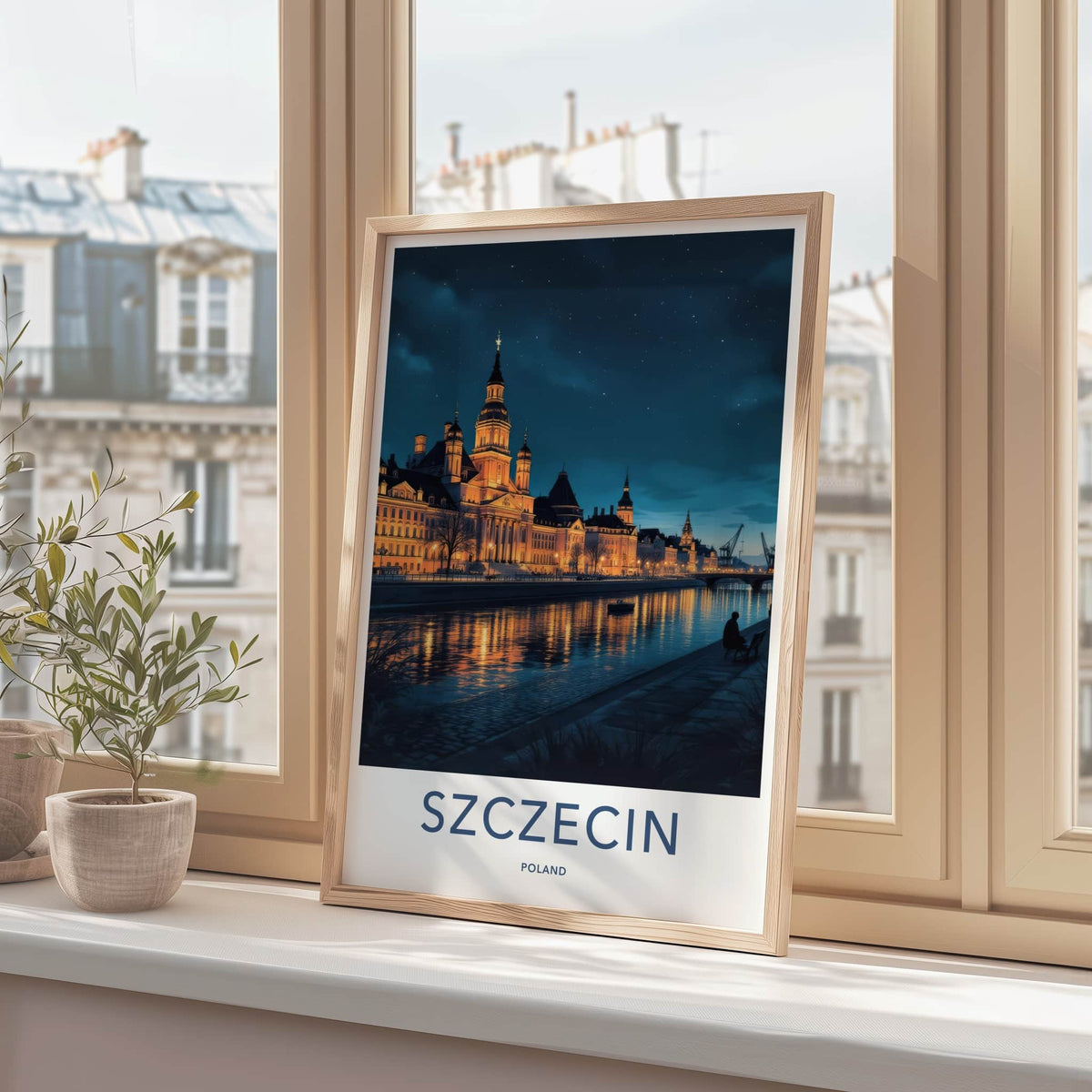 Szczecin Poster - Poland Travel Art - Illuminated City Waterfront Home Decor