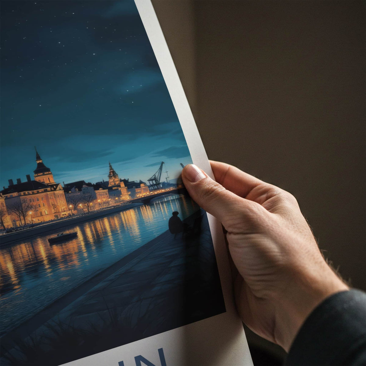 Szczecin Poster - Poland Travel Art - Illuminated City Waterfront Home Decor