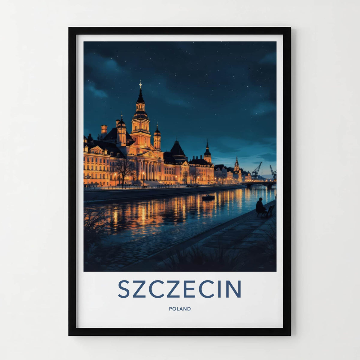 Szczecin Poster - Poland Travel Art - Illuminated City Waterfront Home Decor