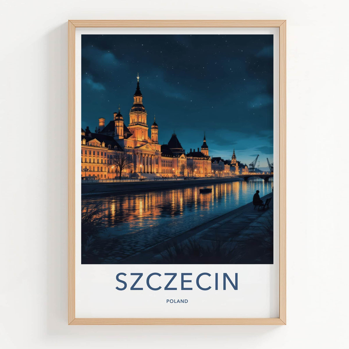 Szczecin Poster - Poland Travel Art - Illuminated City Waterfront Home Decor