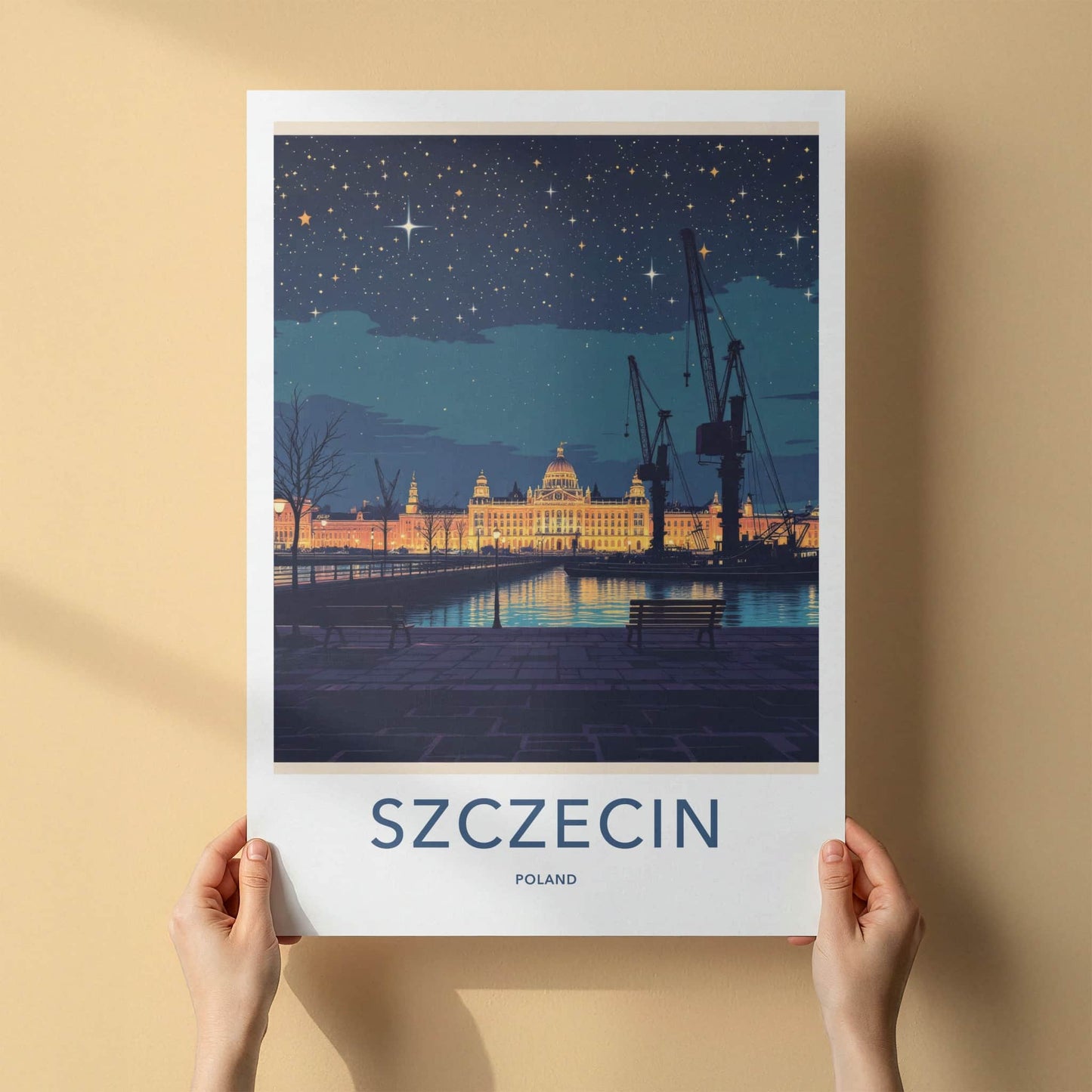 Szczecin Poster - Poland Travel Art - Illuminated Grand Building Home Decor