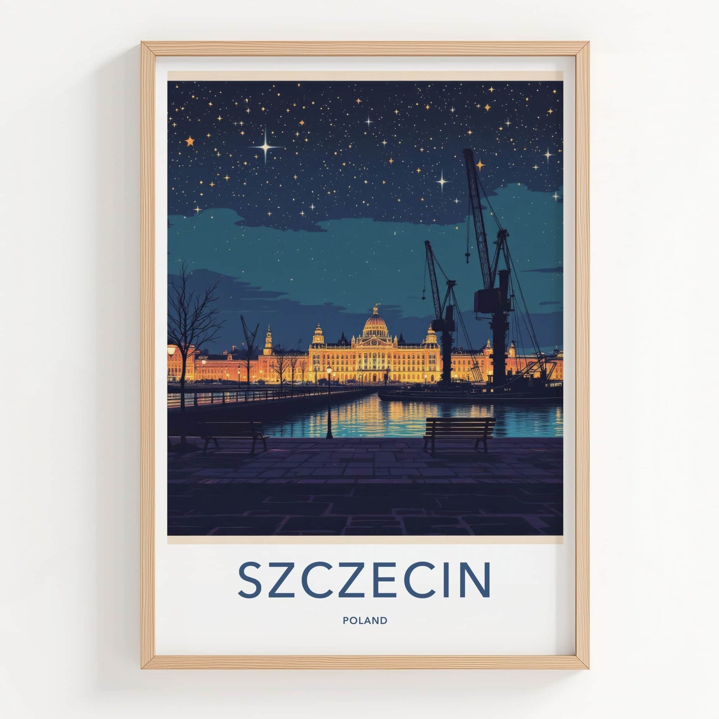 Szczecin Poster - Poland Travel Art - Illuminated Grand Building Home Decor