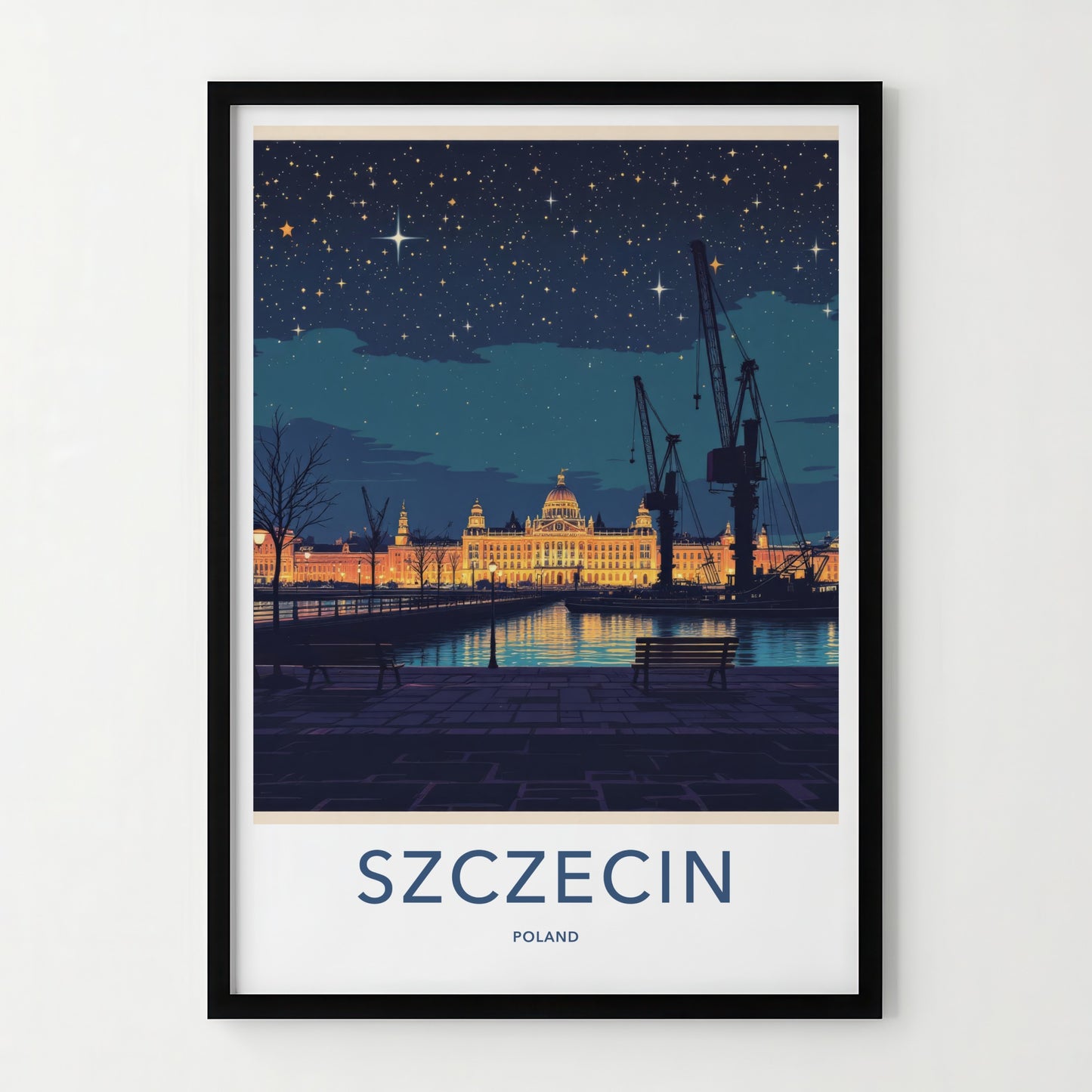 Szczecin Poster - Poland Travel Art - Illuminated Grand Building Home Decor