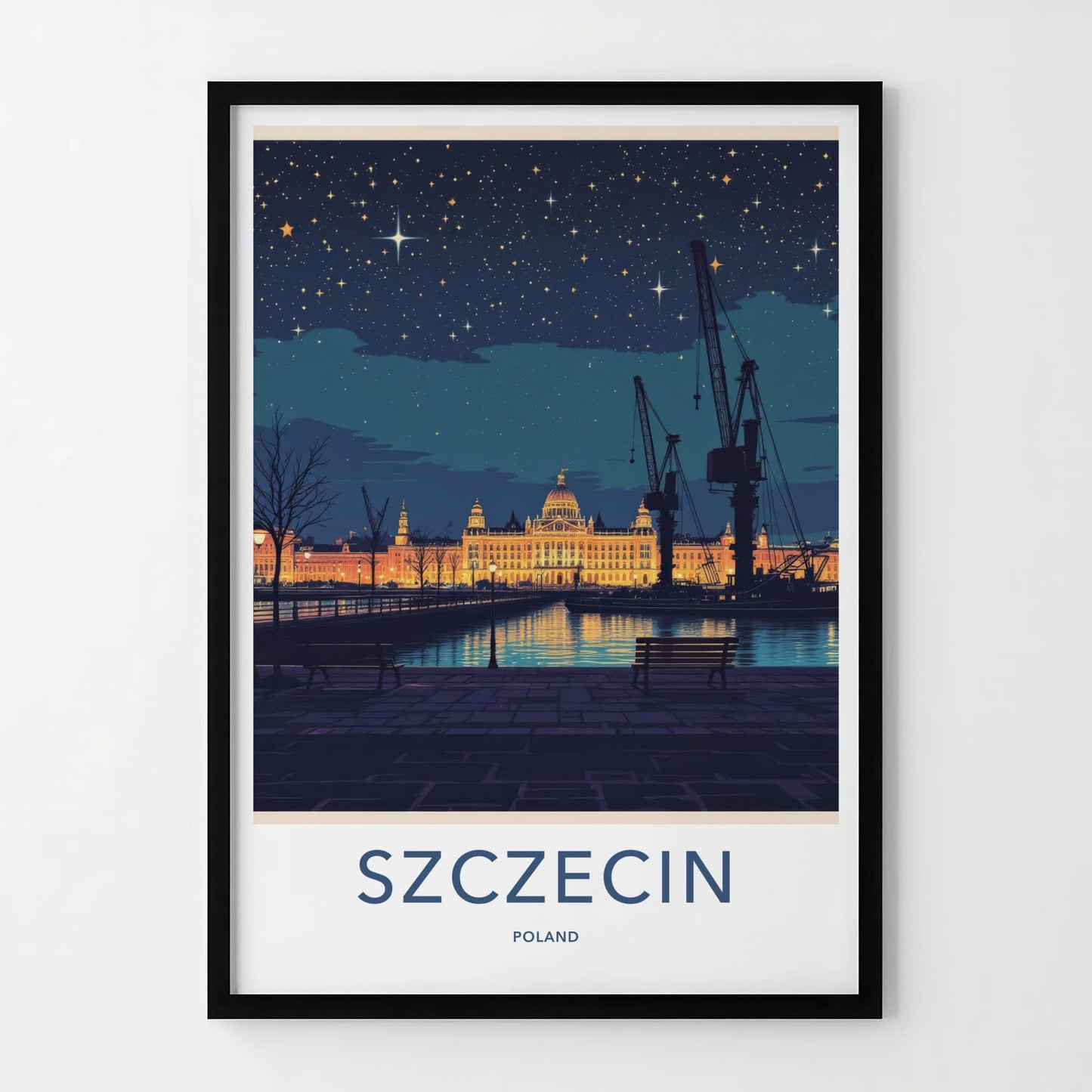 Szczecin Poster - Poland Travel Art - Illuminated Grand Building Home Decor