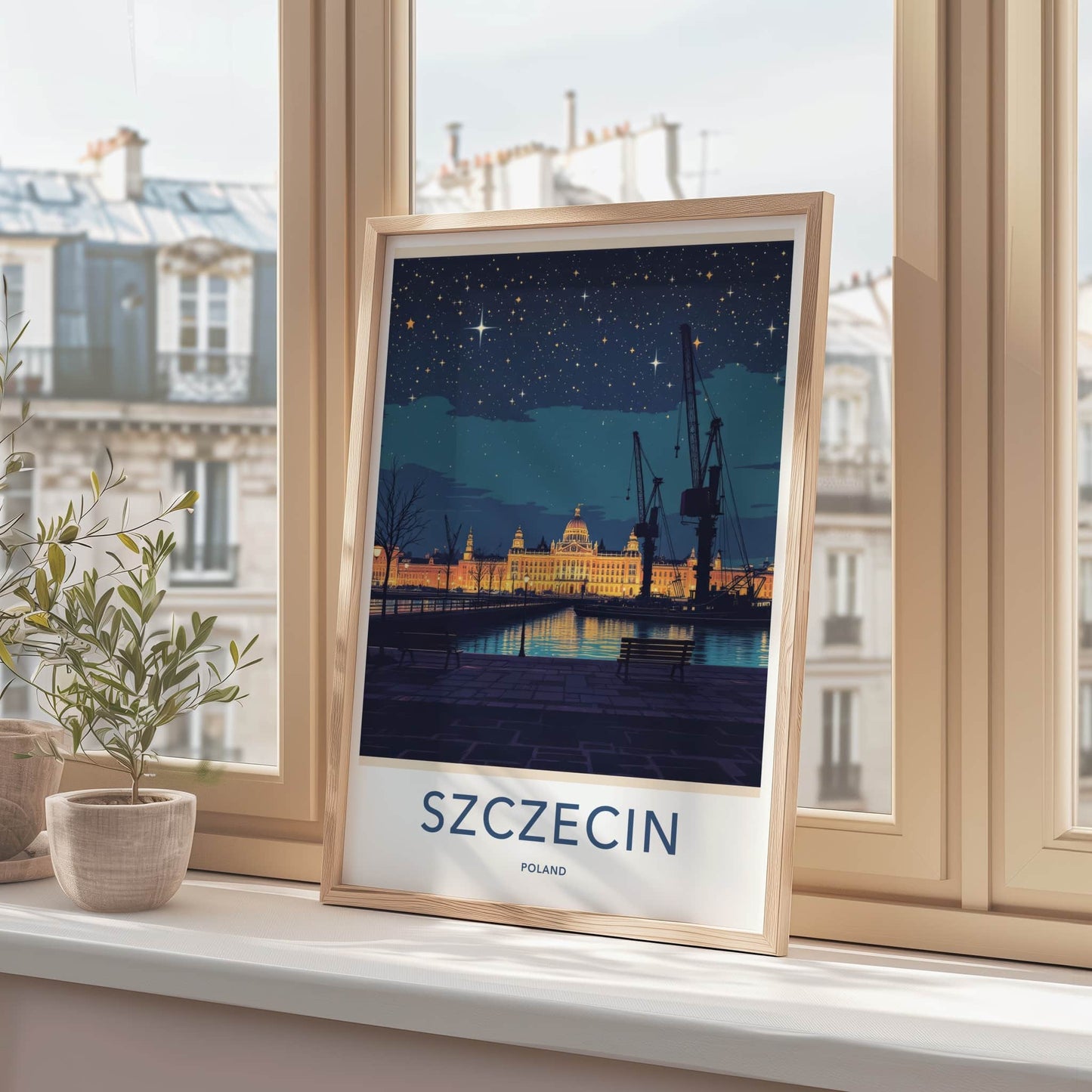 Szczecin Poster - Poland Travel Art - Illuminated Grand Building Home Decor