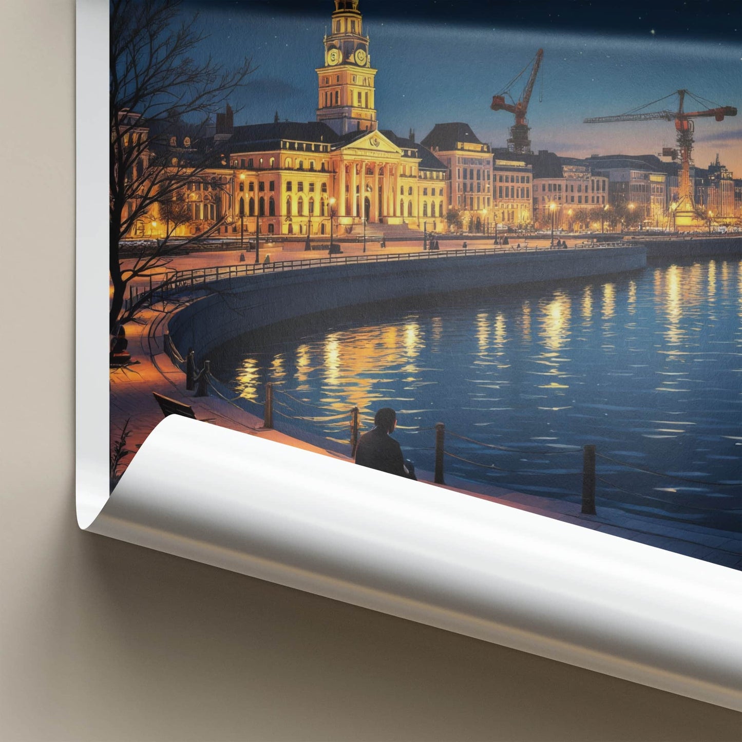 Szczecin Poster - Poland Travel Art - Starry Night Riverfront Home Decor