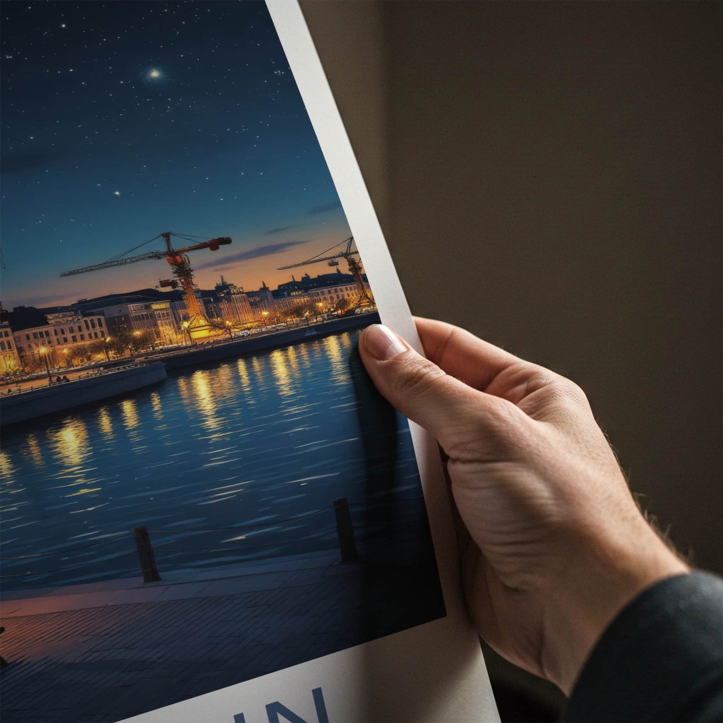 Szczecin Poster - Poland Travel Art - Starry Night Riverfront Home Decor