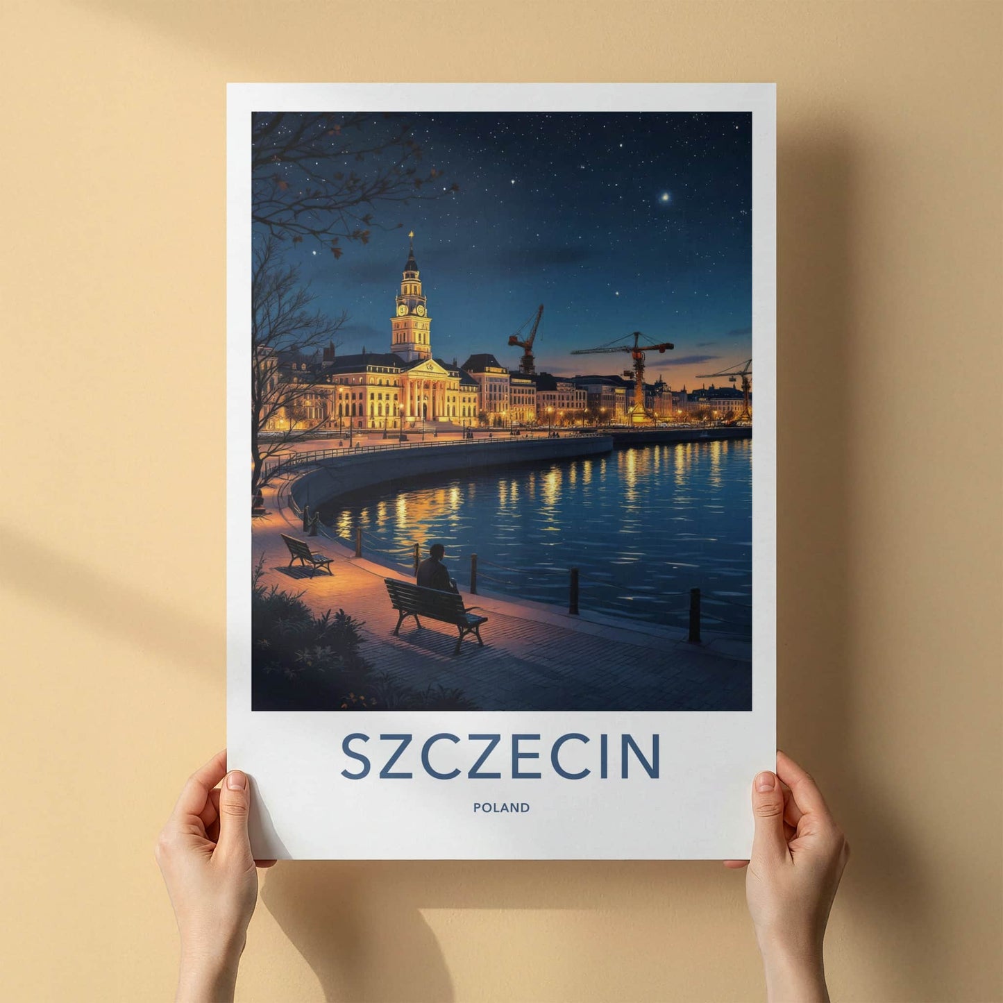 Szczecin Poster - Poland Travel Art - Starry Night Riverfront Home Decor