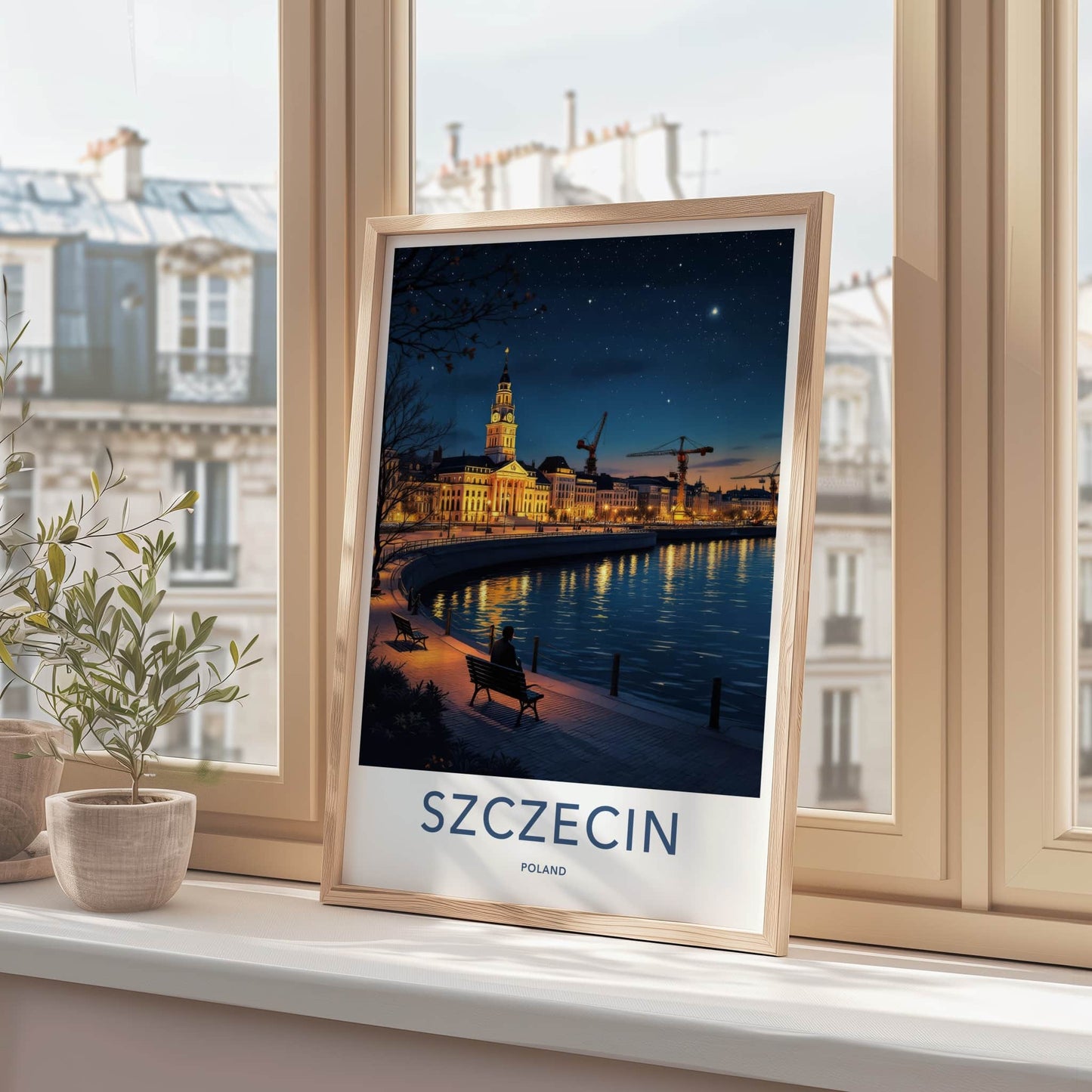 Szczecin Poster - Poland Travel Art - Starry Night Riverfront Home Decor