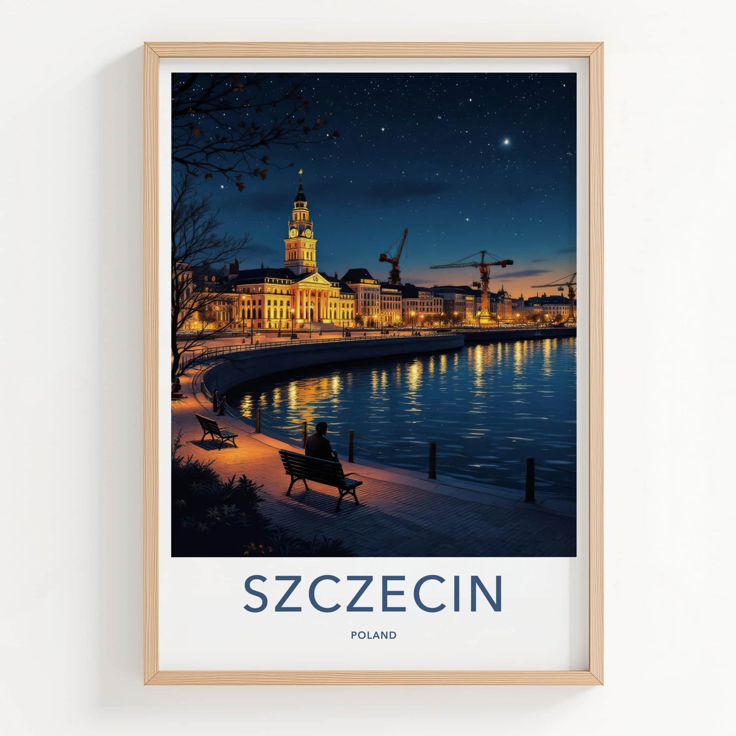 Szczecin Poster - Poland Travel Art - Starry Night Riverfront Home Decor