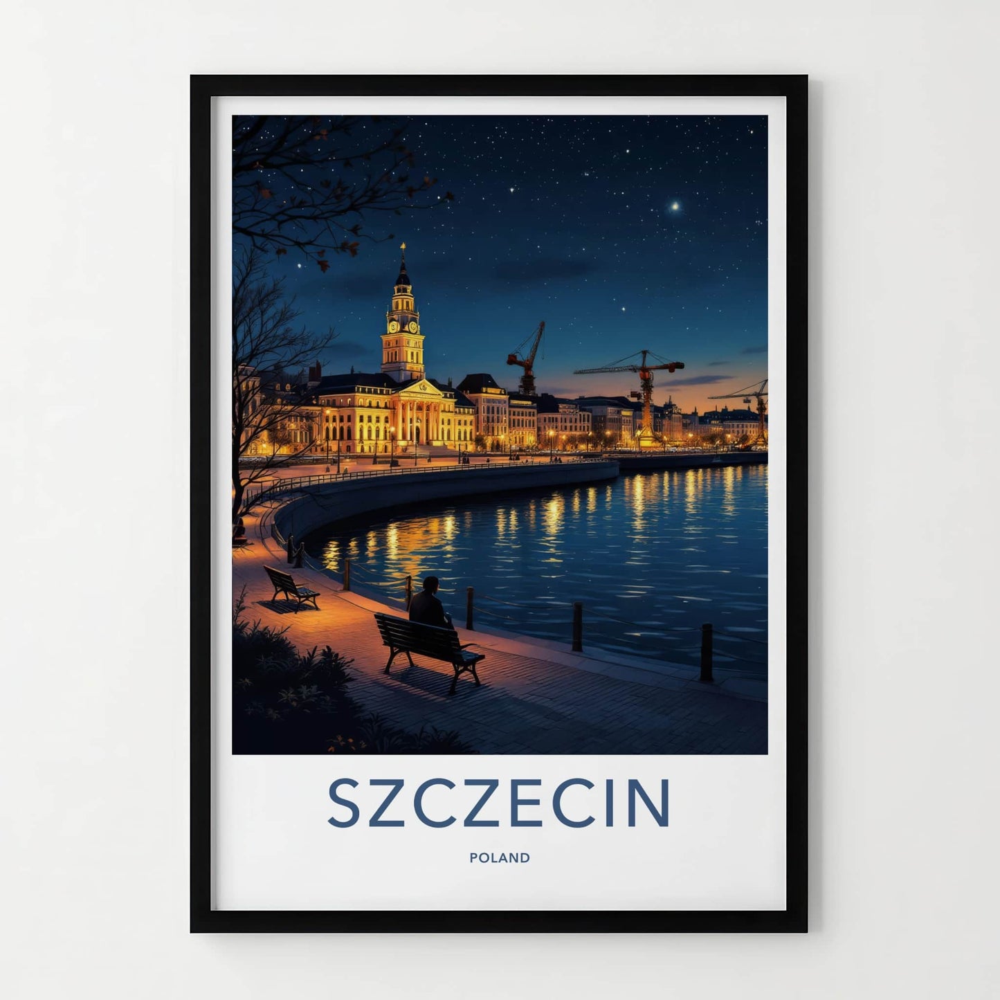 Szczecin Poster - Poland Travel Art - Starry Night Riverfront Home Decor